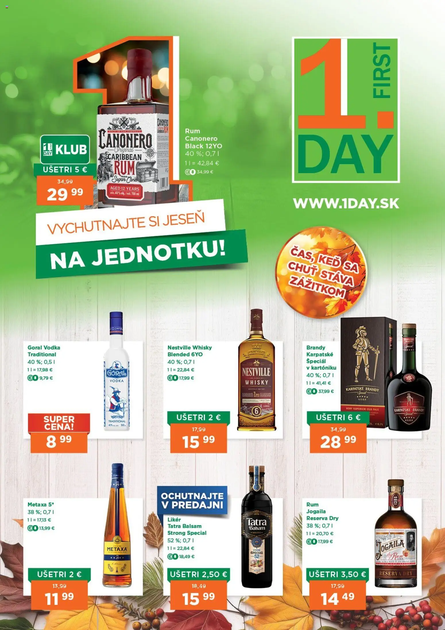 Nové 1day akcie – leták je platný od 23.10.2025 | Strana: 1 | Produkty: Metaxa, Karpatské brandy, Vodka, Whisky