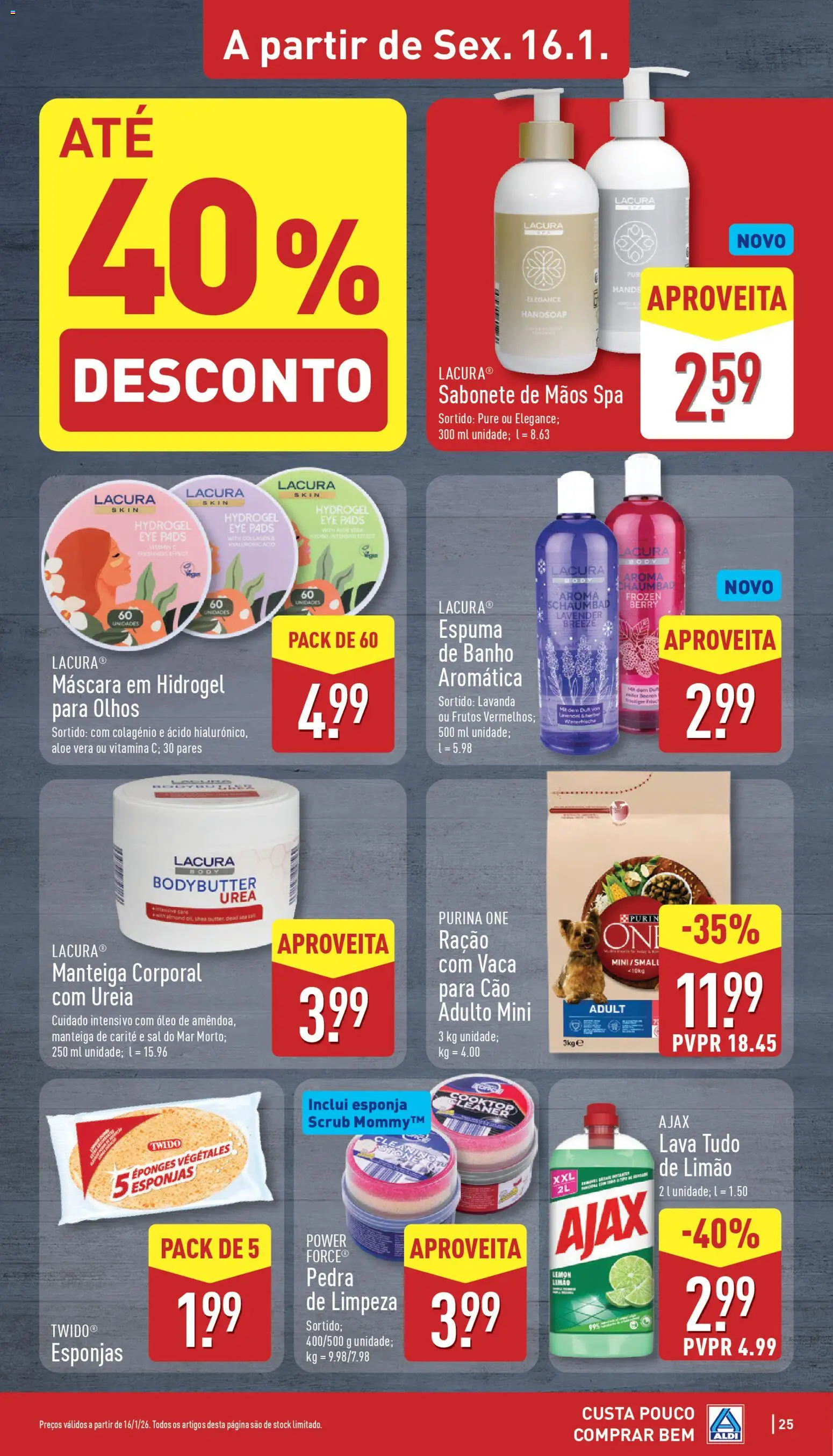 Aldi folheto │ válido de 12.01.2026 | Página: 25 | Produtos: Purina one, Esponja, Sal, Sabonete