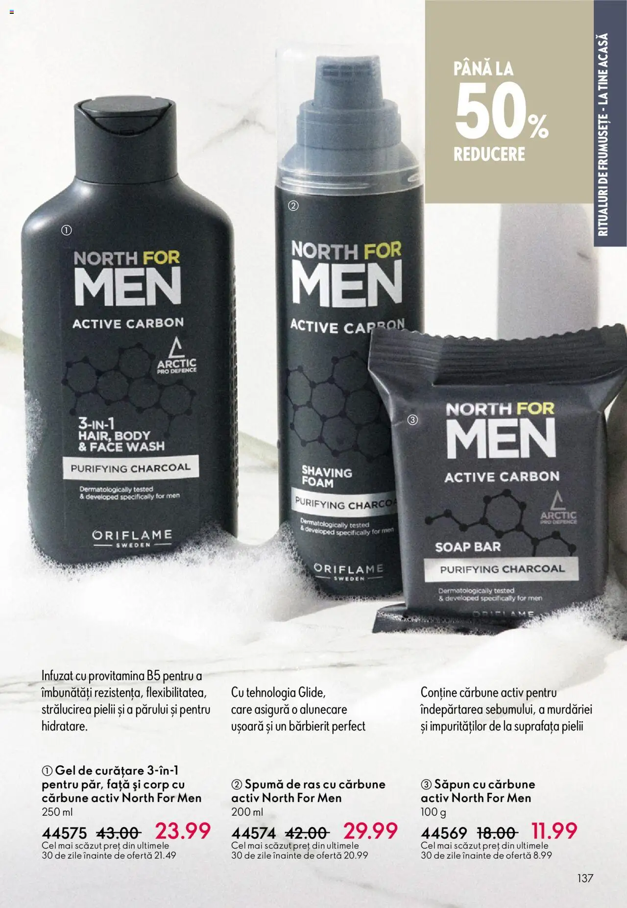 Oriflame catalog 13 2025 – valabil de la 10.09.2025 | Pagină: 137 | Produse: Gel de curățare, Body, Spumă de ras, Săpun