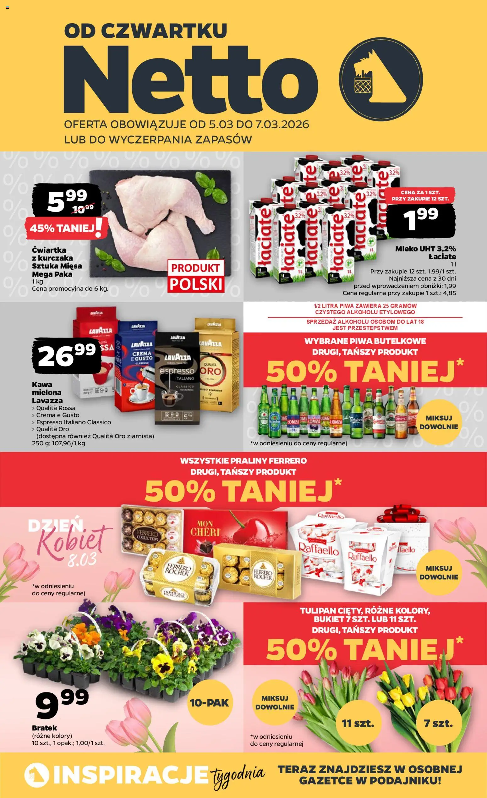 Netto gazetka od czwartku spożywcza od 05.03.2026 | Strona: 1 | Produkty: Lavazza crema, Praliny, Lavazza, Mleko