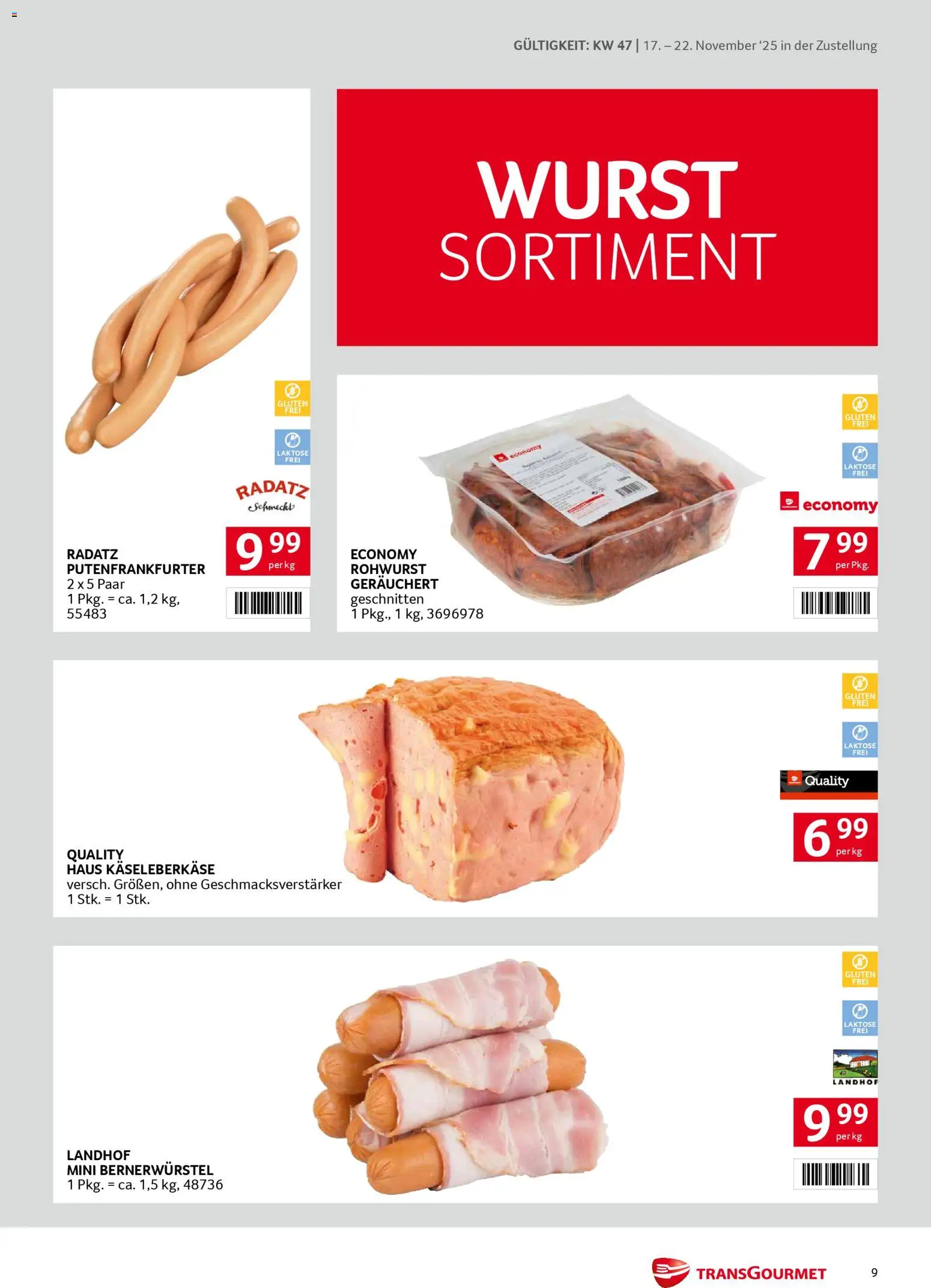 Transgourmet Zustellaktion gültig ab 17.11.2025 | Seite: 9 | Produkte: Wurst