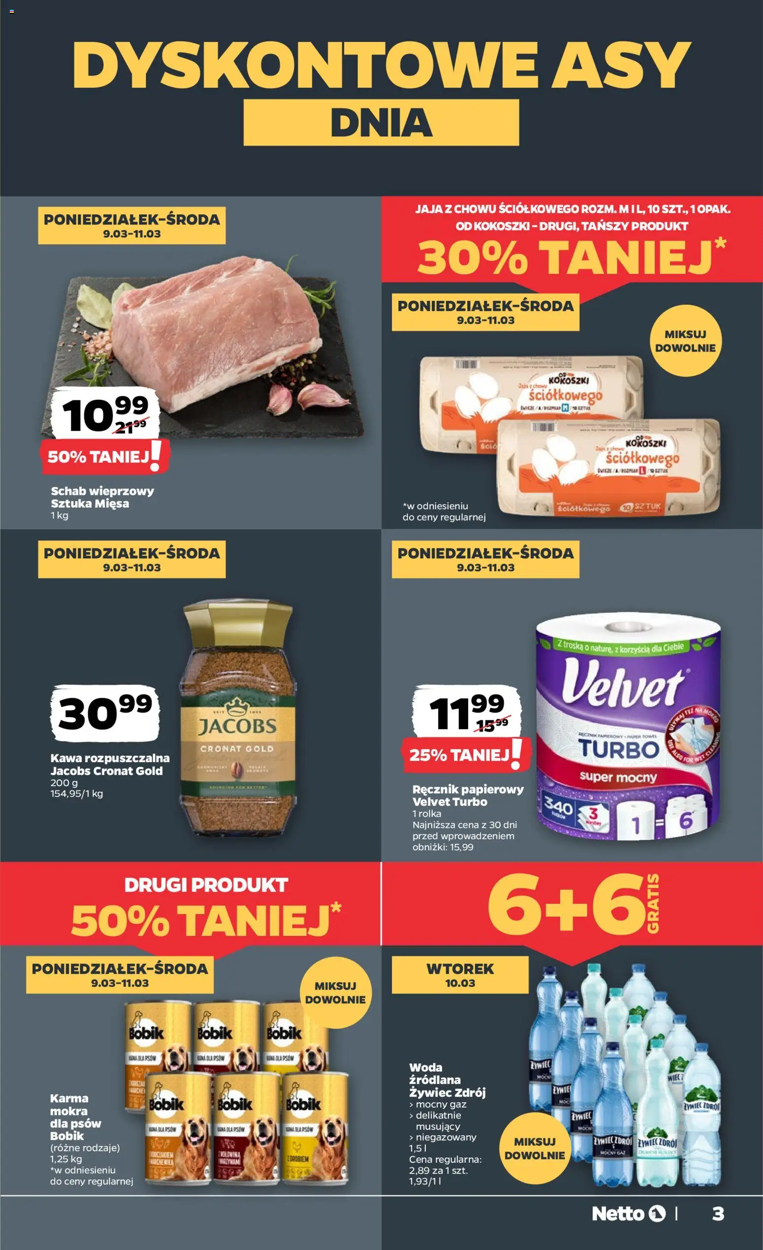 Netto gazetka od poniedziałku spożywcza od 09.03.2026 | Strona: 3 | Produkty: Woda żywiec, Kawa, Ręcznik papierowy, Woda