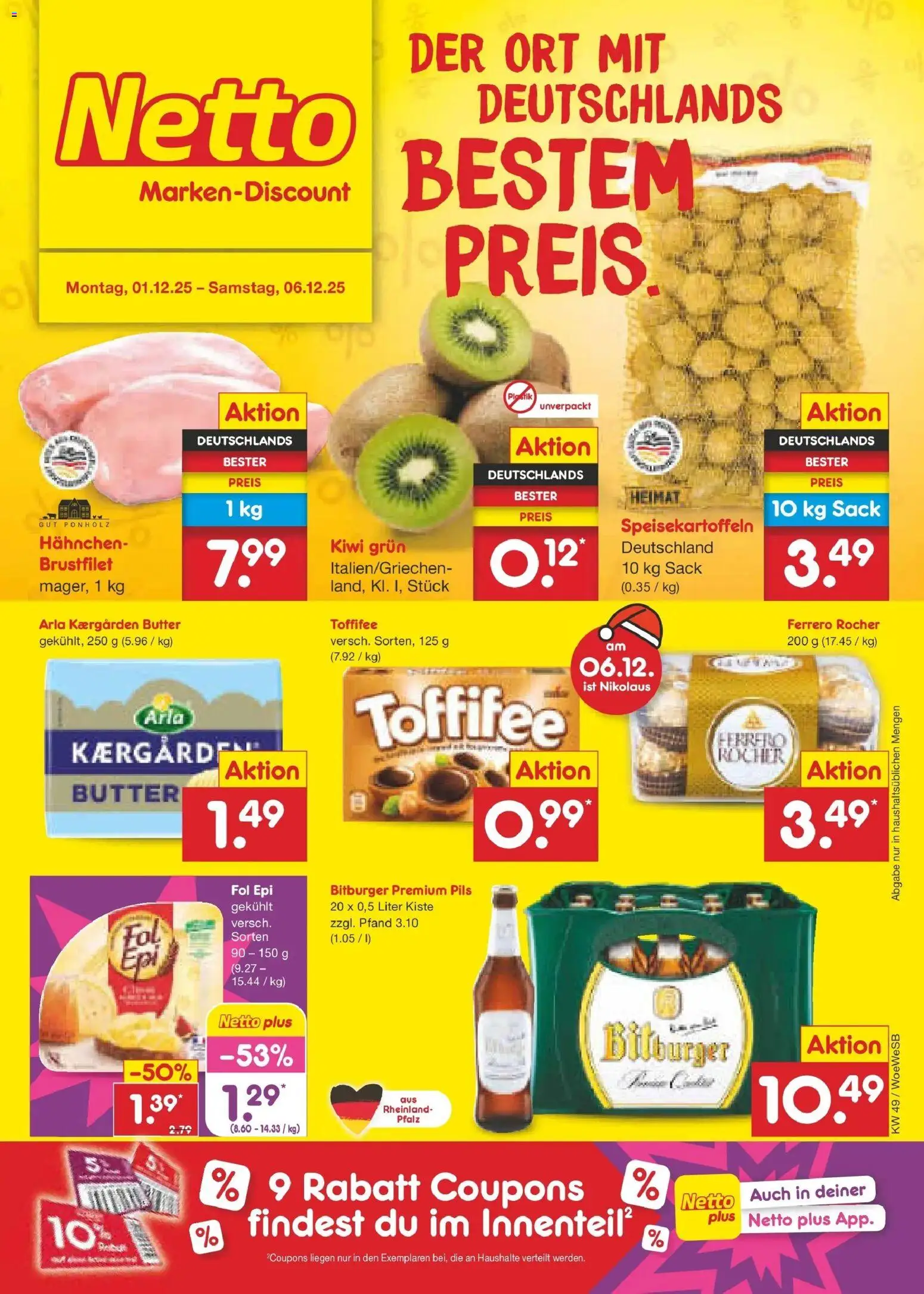 Netto Marken-Discount prospekt Katzweiler	 – gültig ab 01.12.2025 | Seite: 1 | Produkte: Bitburger, Butter, Toffifee, Kiwi