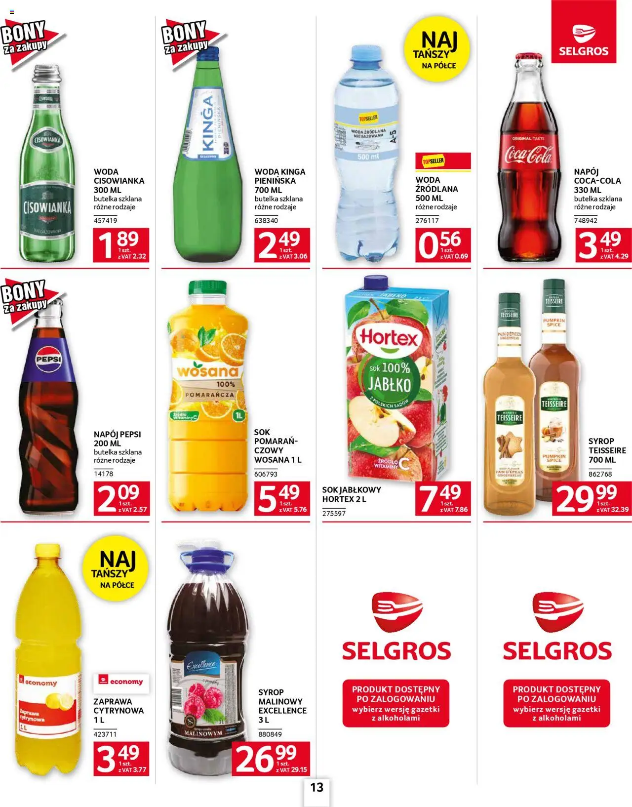 Selgros cash&carry Gazetka - Oferta dla gastronomii od 23.10.2025 | Strona: 13 | Produkty: Syrop, Sok jabłkowy, Sok, Woda
