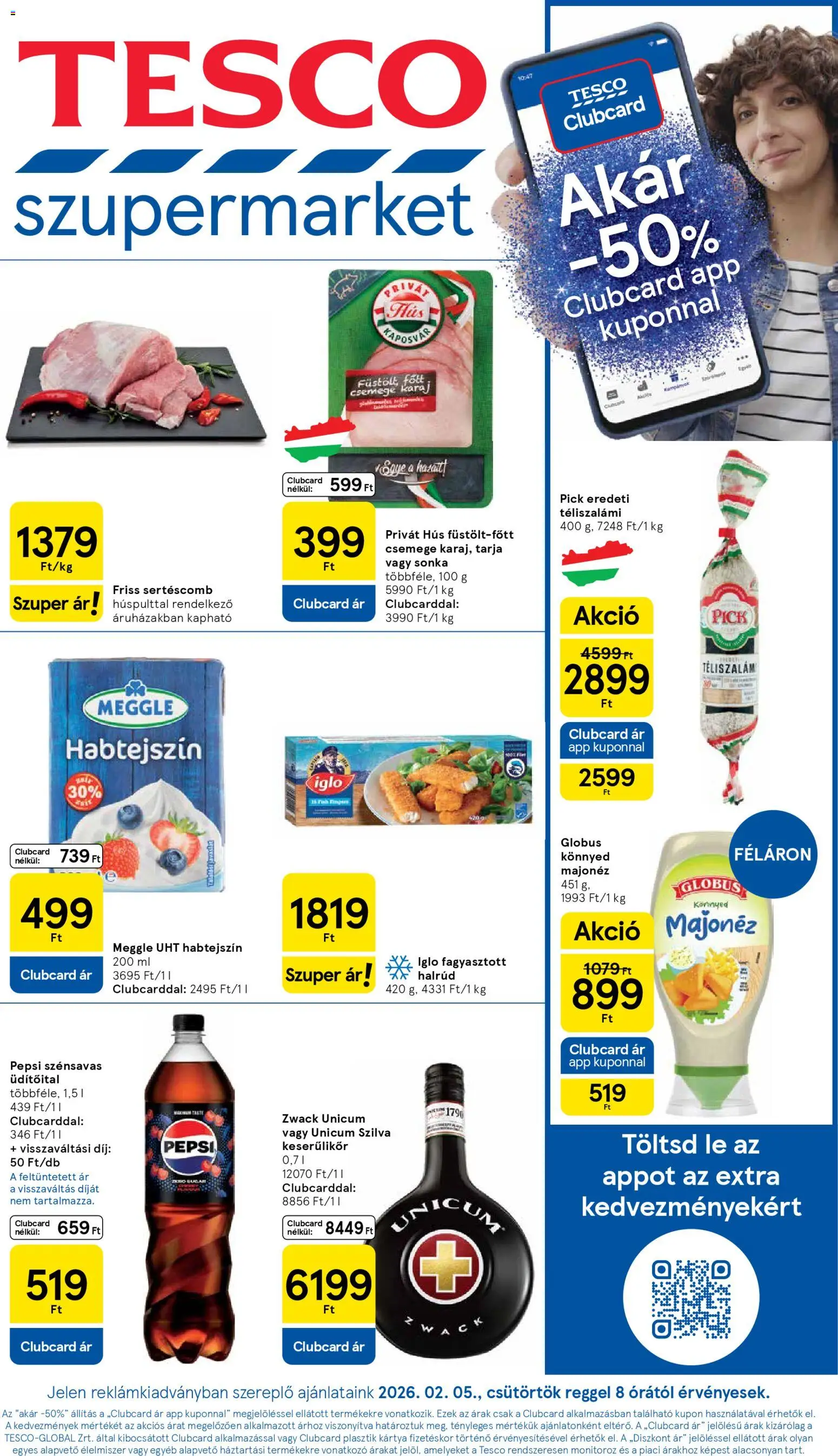 Tesco akciós ujság - amely érvényes a következő dátumtól: 05.02.2026 | Oldal: 1 | Termékek: Pepsi, Hús, Pick, Sonka
