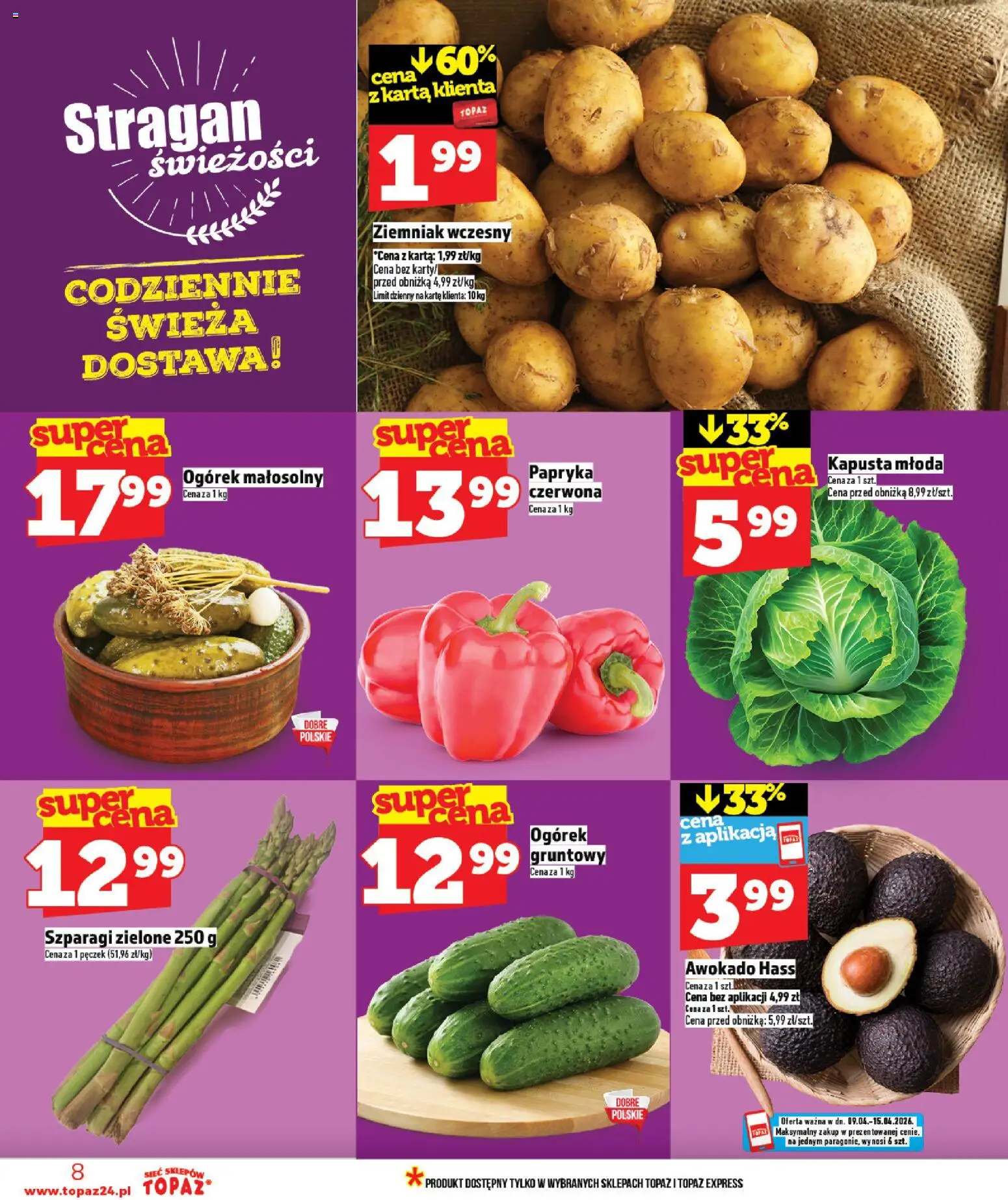 Topaz gazetka - MAZ od 09.04.2026 | Strona: 8 | Produkty: Kapusta, Karta, Szparagi, Awokado