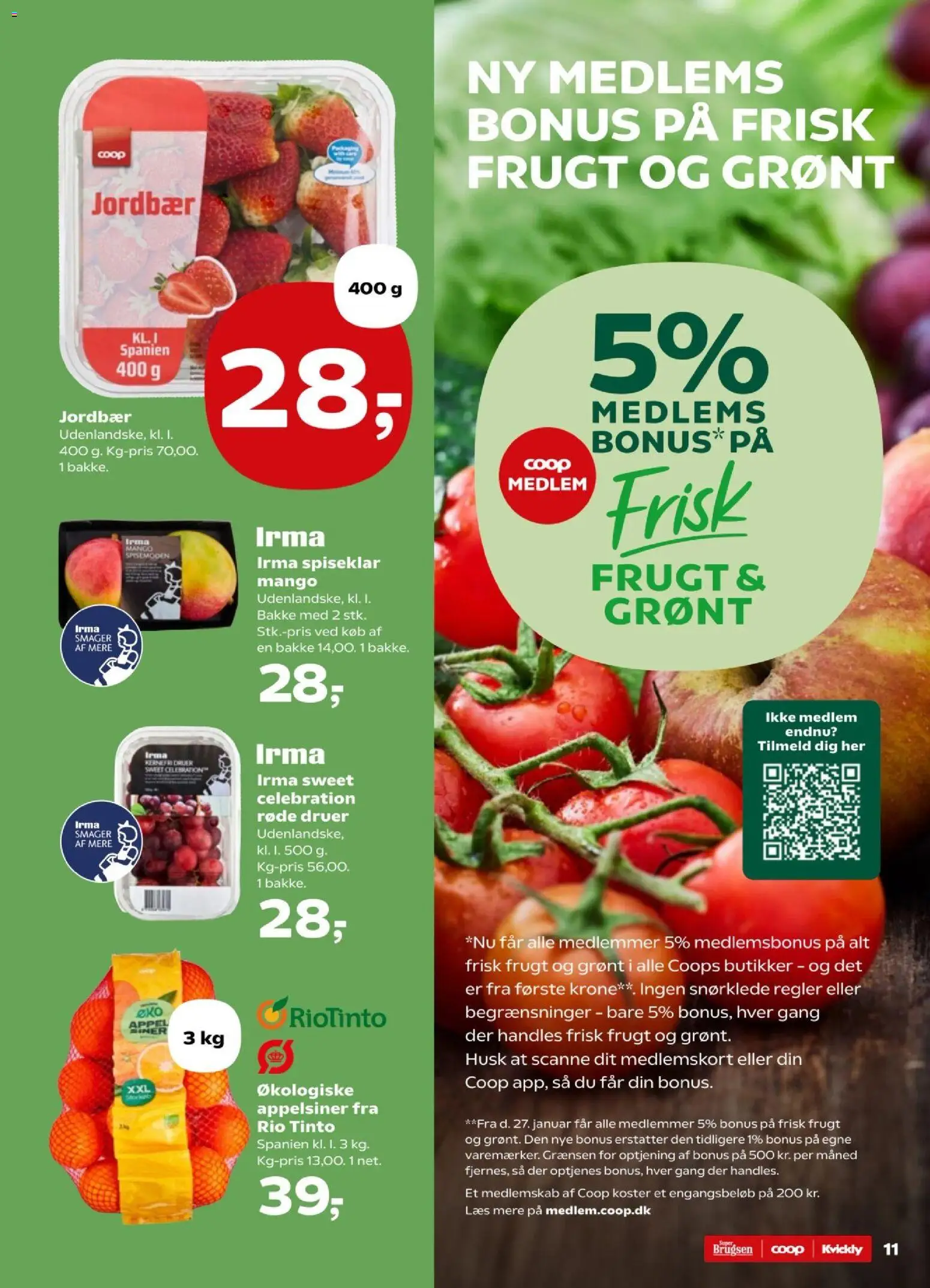 Super Brugsen tilbudsavis – gyldig fra 27.02.2026 | Side: 11 | Produkter: Mango, Appelsiner, Jordbær