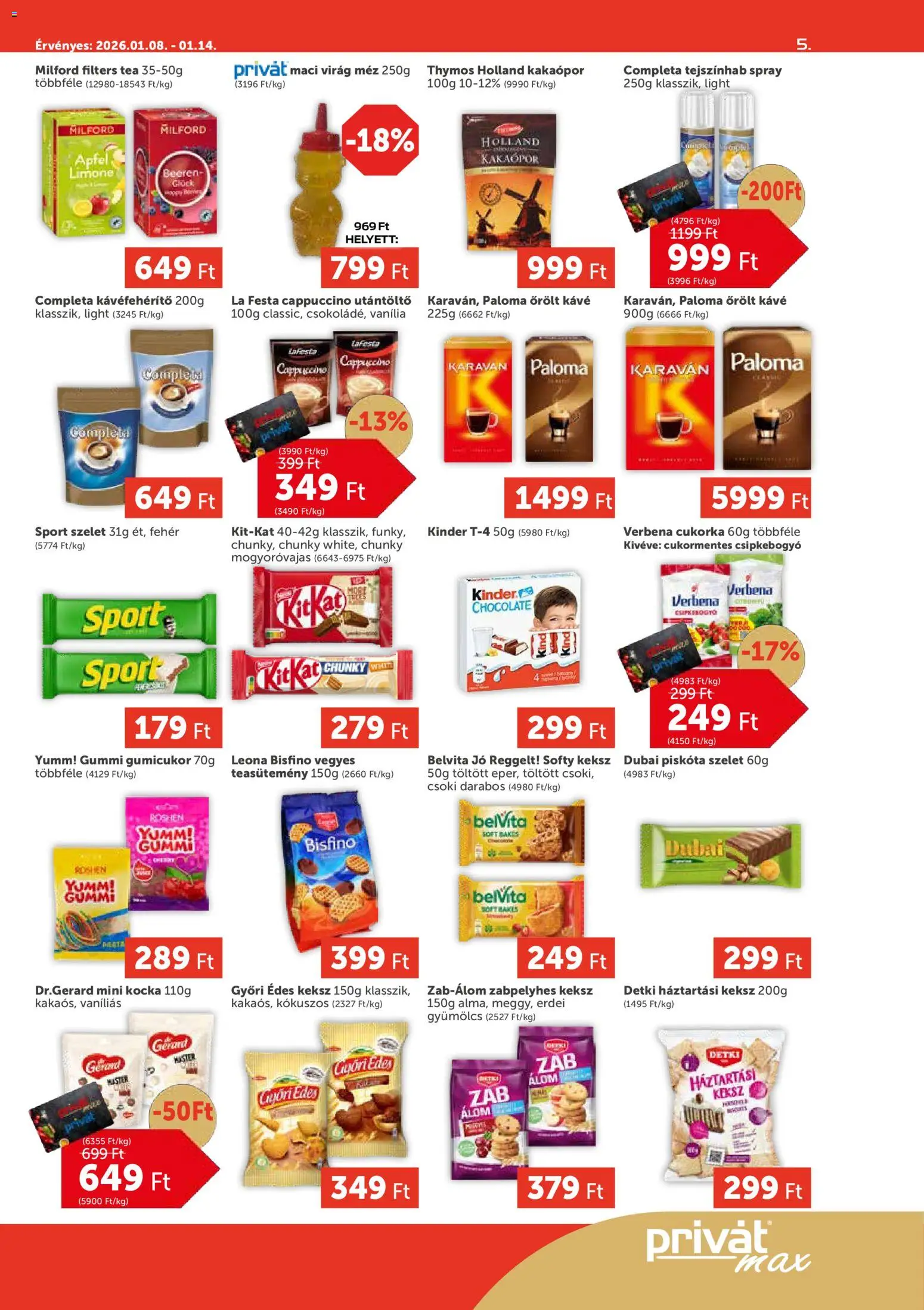 PRIVÁT akciós ujság - amely érvényes a következő dátumtól: 08.01.2026 | Oldal: 5 | Termékek: Cappuccino, Méz, Virag, Kakaópor