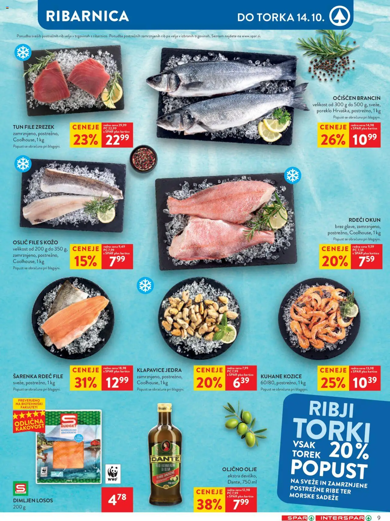 Novi Spar katalog ponudbe – veljaven od 08.10.2025 | Stran: 9 | Izdelki: Kozice, Losos, Olje, Ribe