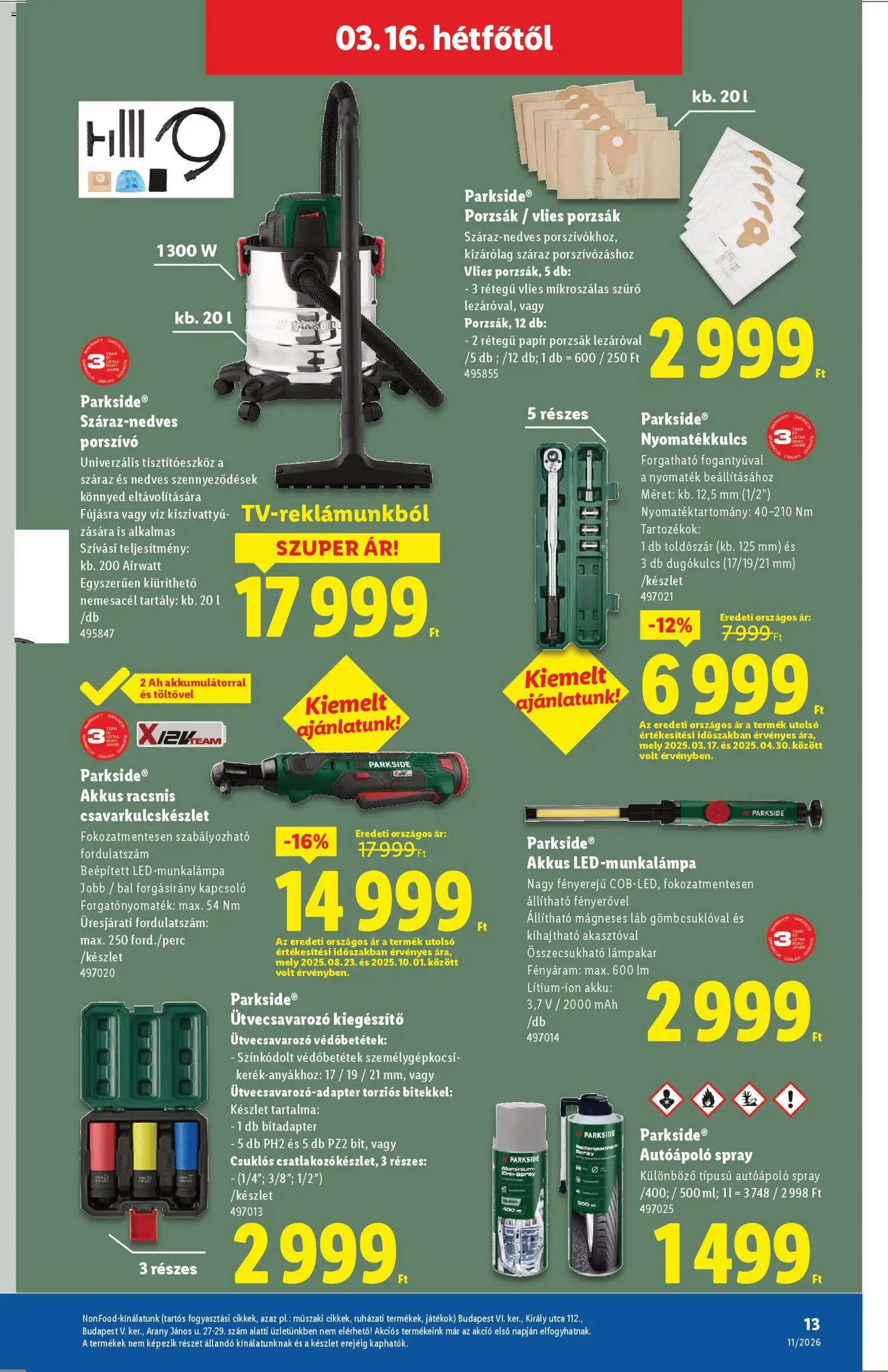 Lidl akciós ujság - amely érvényes a következő dátumtól: 12.03.2026 | Oldal: 13 | Termékek: Parkside, Porszívó, Játékok
