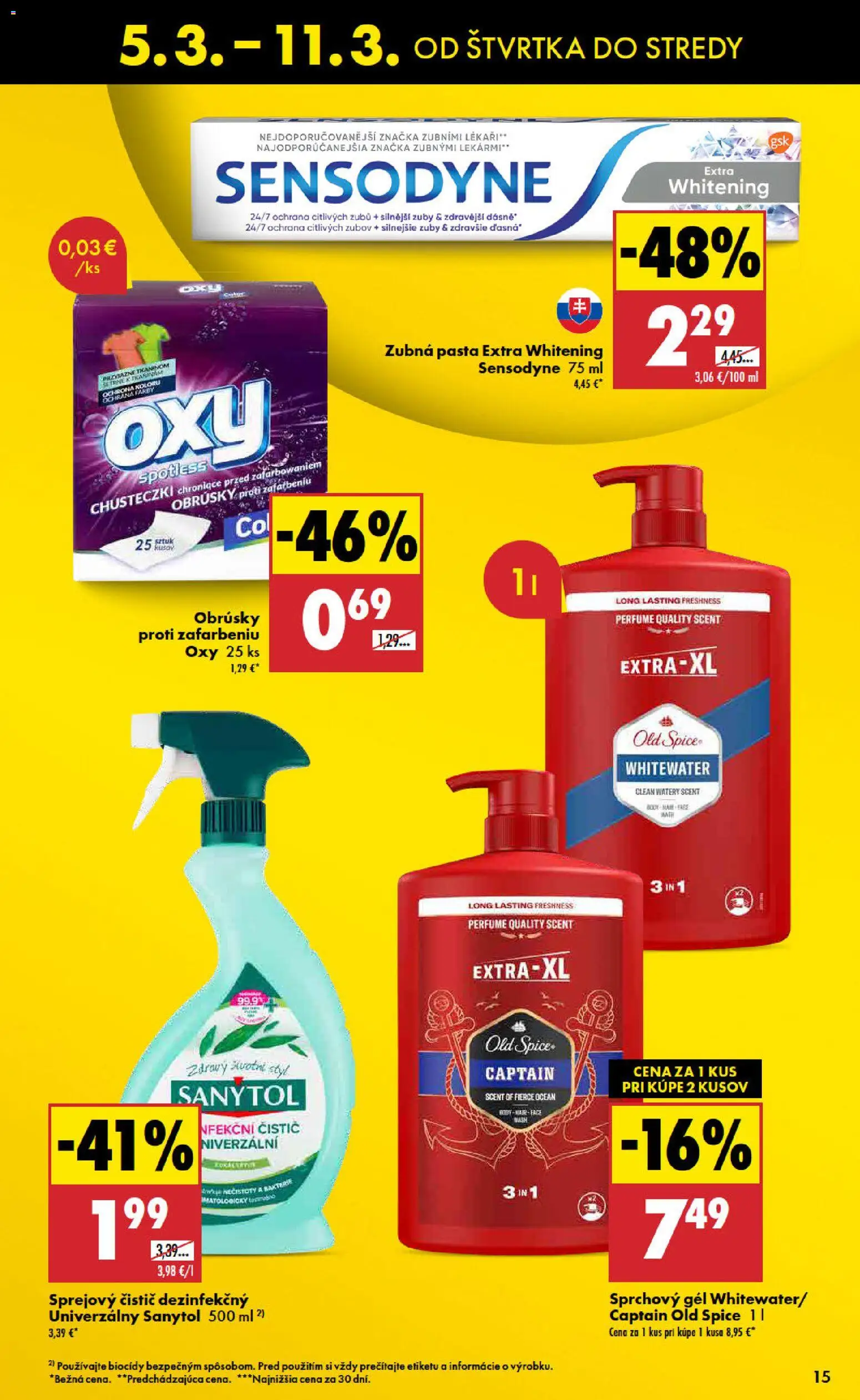 Nové Biedronka akcie – leták je platný od 05.03.2026 | Strana: 15 | Produkty: Old Spice, Sanytol, Sprchový gél, Zubná pasta