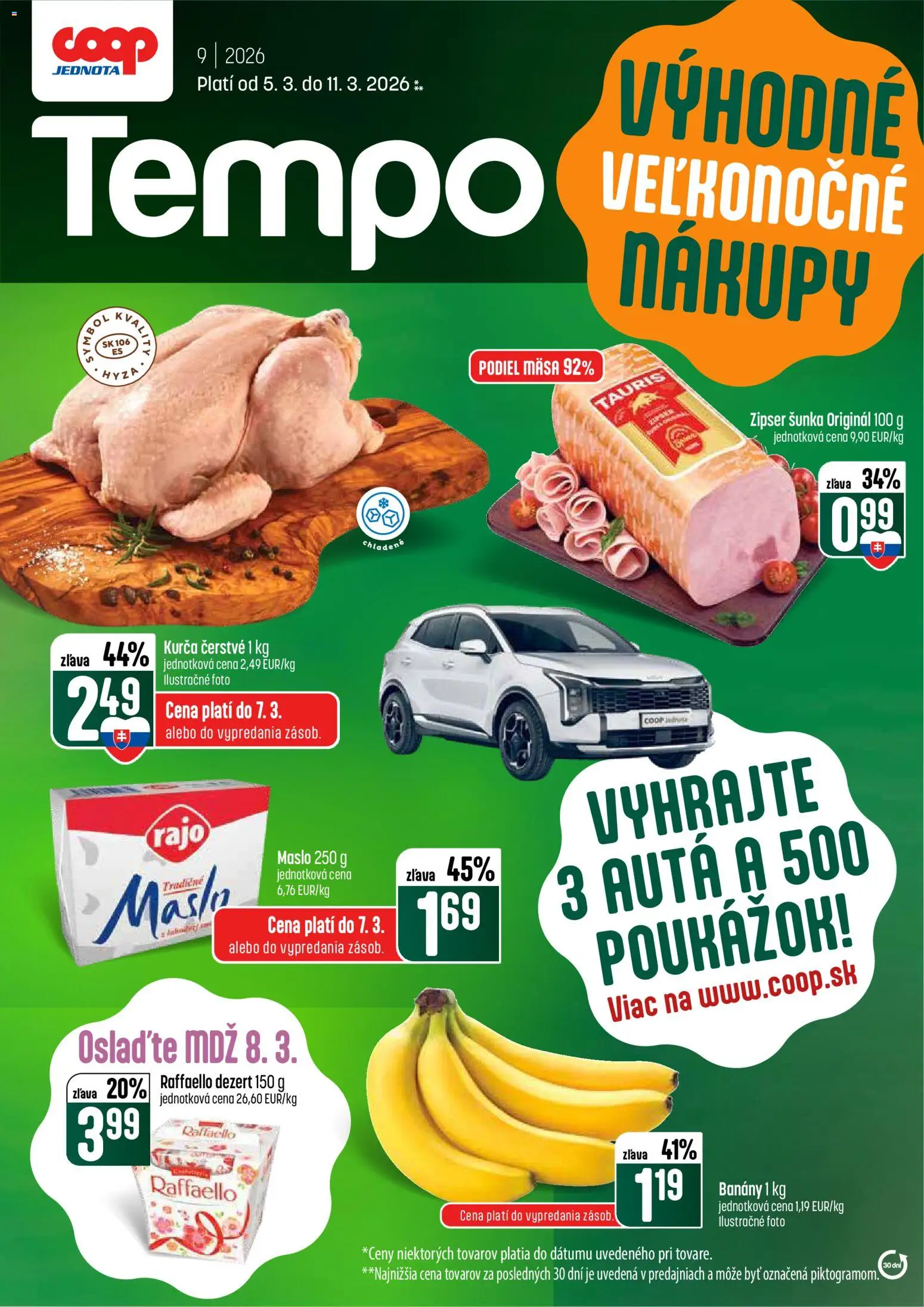 Nové COOP Jednota akcie – leták je platný od 05.03.2026 | Strana: 1 | Produkty: Maslo, Šunka, Banány, Kurča