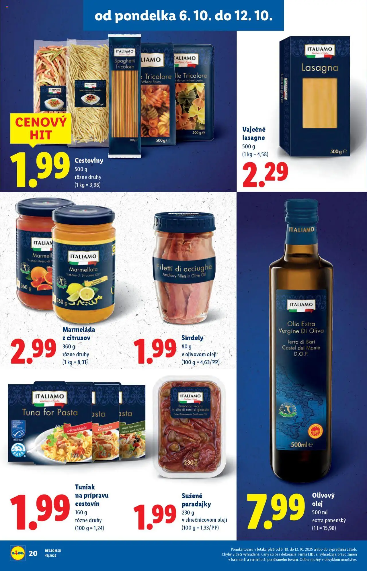 Nové Lidl akcie – leták je platný od 06.10.2025 | Strana: 24 | Produkty: Olej, Tuniak, Paradajky, Lasagne