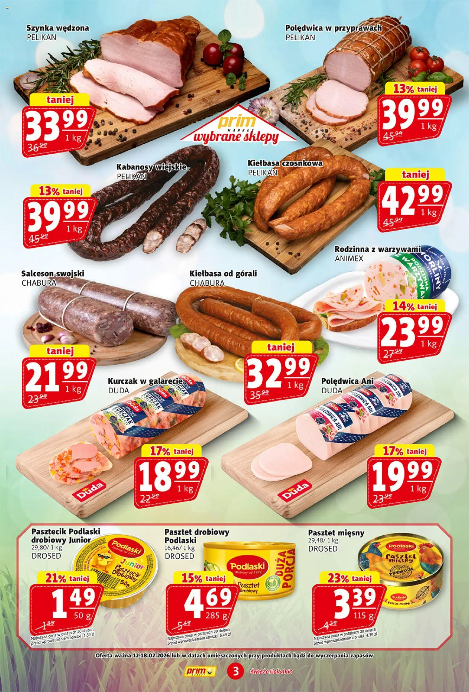 Prim Market Gazetka od 12.02.2026 | Strona: 3 | Produkty: Kiełbasa, Kurczak, Kabanosy, Szynka