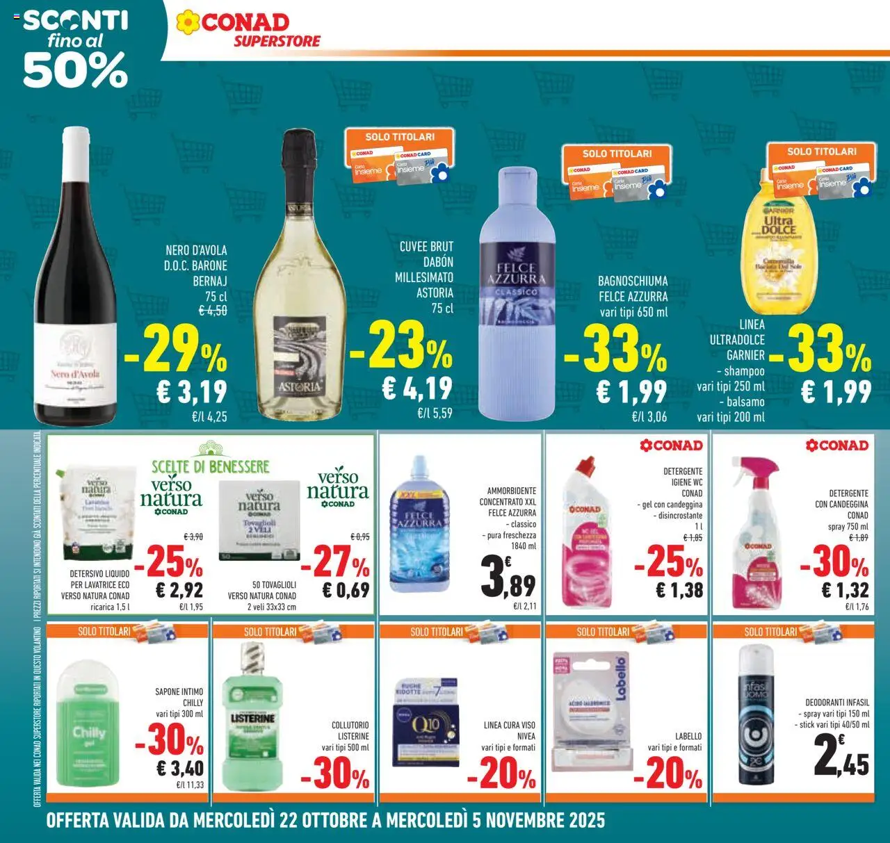 Volantino Conad del 22.10.2025 | Pagina: 22 | Prodotti: Bagnoschiuma, Collutorio, Lavatrice, WC