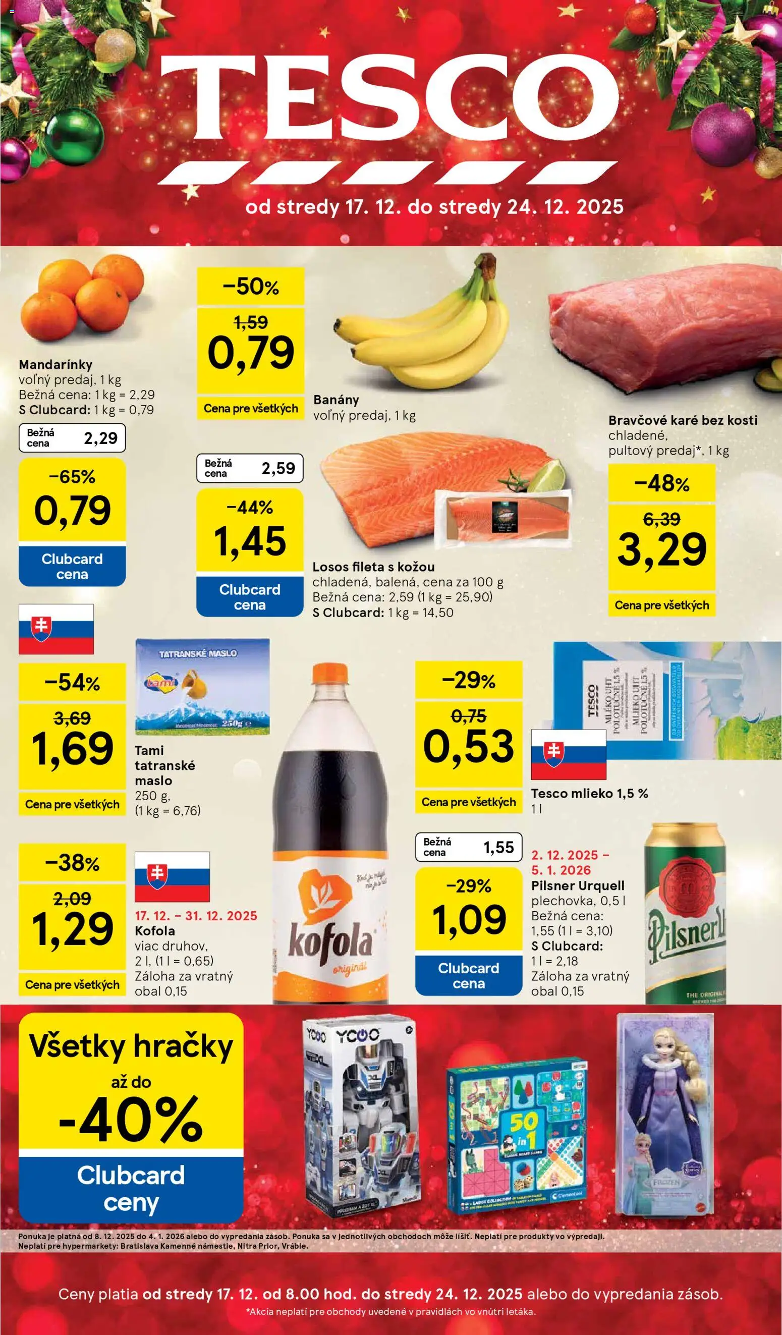 Nové Tesco akcie – leták je platný od 17.12.2025 | Strana: 1 | Produkty: Maslo, Mlieko, Banány, Hračky