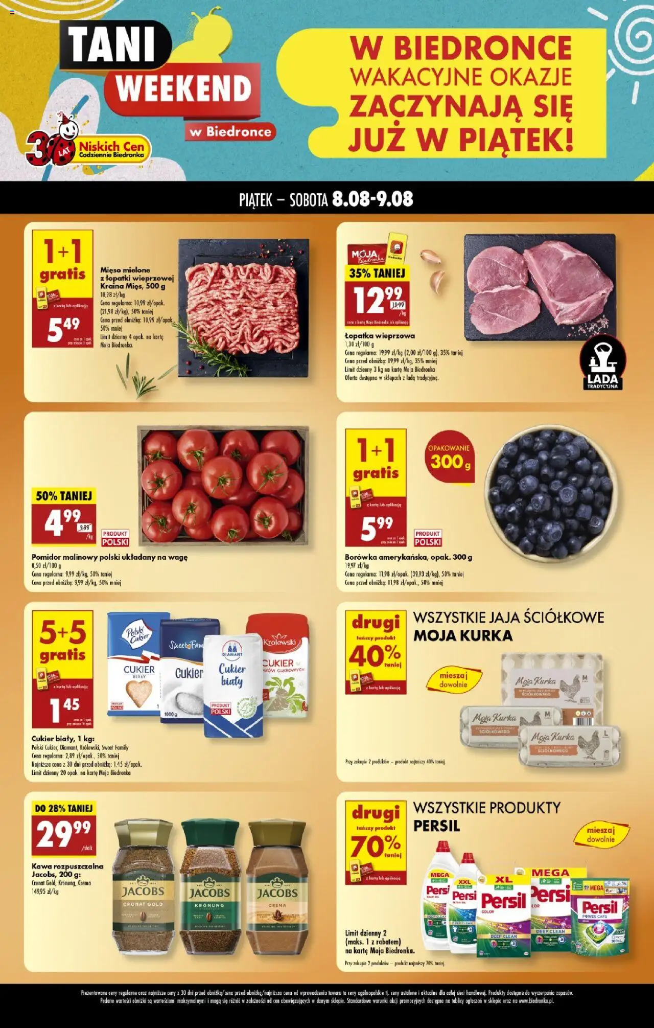 Biedronka gazetka - Tani weekend od 08.08.2025 | Strona: 1 | Produkty: Mięso, Persil, Łopatka wieprzowa, Jaja