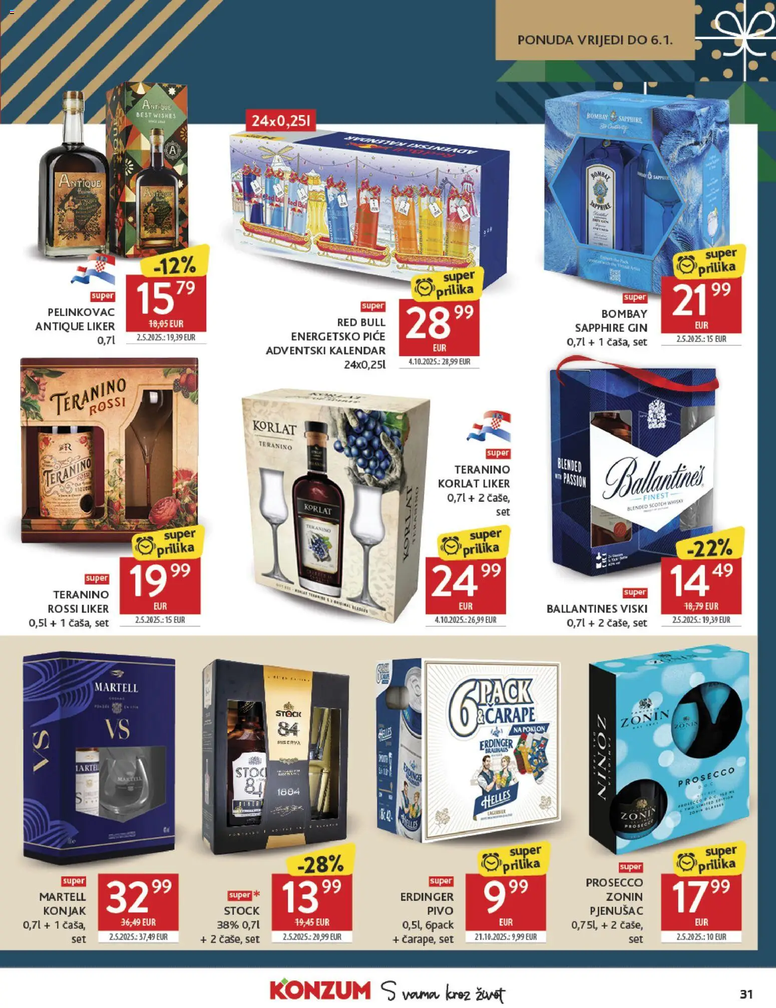 Konzum HR akciós ujság - amely érvényes a következő dátumtól: 26.11.2025 | Oldal: 31 | Termékek: Red bull, Gin, Whisky