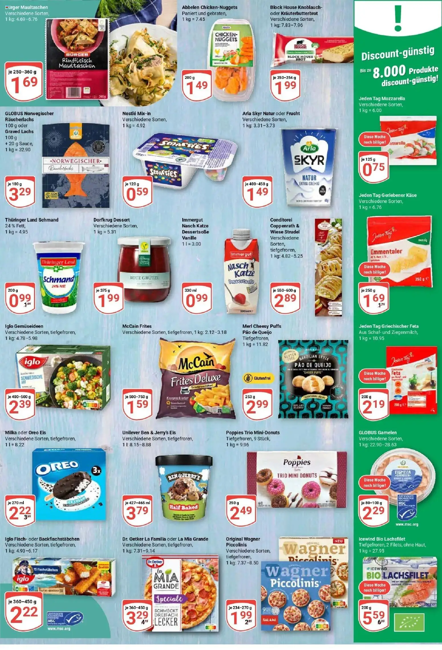 Globus Prospekt Leipzig – gültig ab 23.02.2026 | Seite: 8 | Produkte: McCain, Donuts, Lachs, Maultaschen