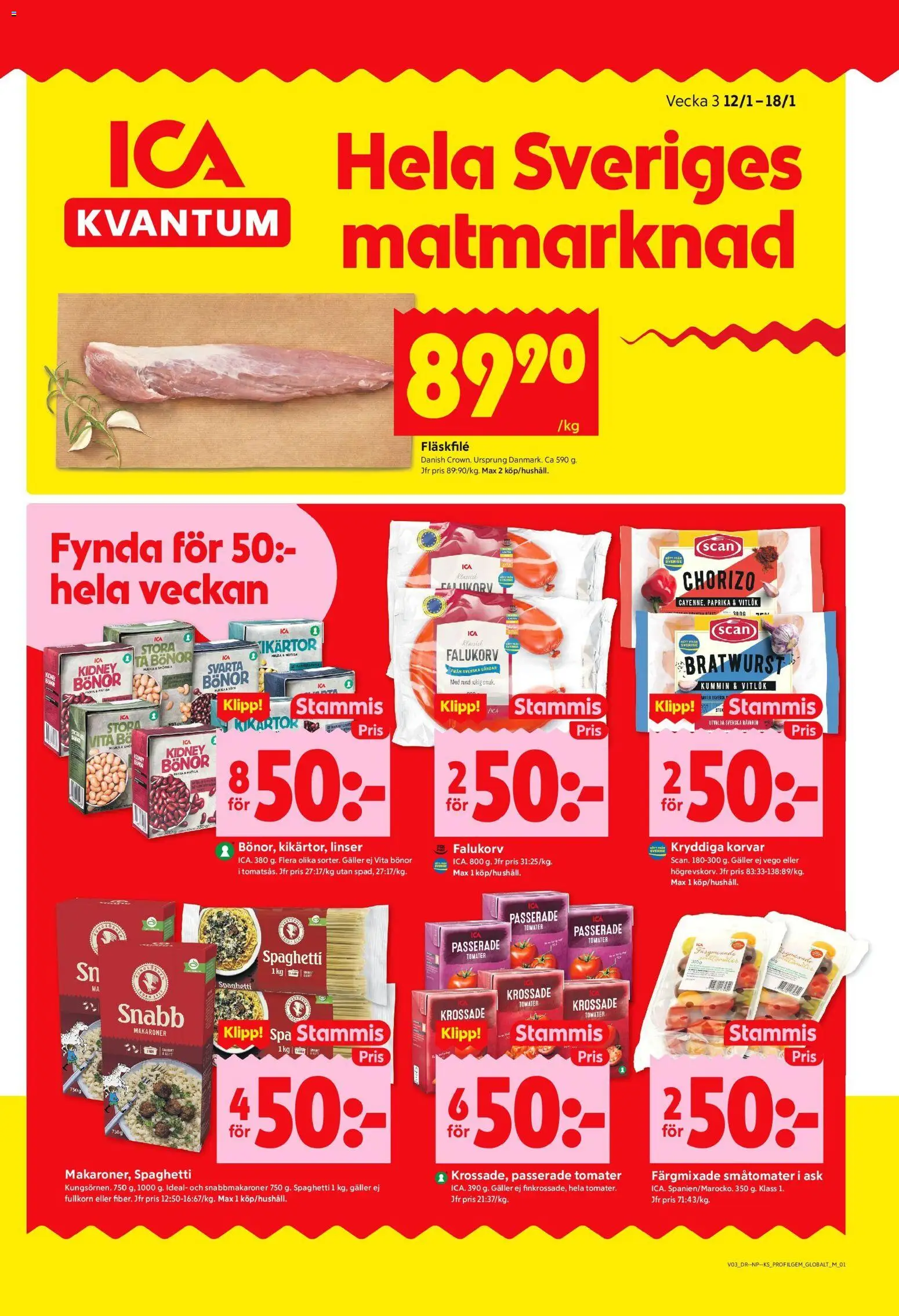 ICA Kvantum reklamblad aktuell från 12.01.2026 | Sida: 1 | Produkter: Linser, Galler, Falukorv, Chorizo