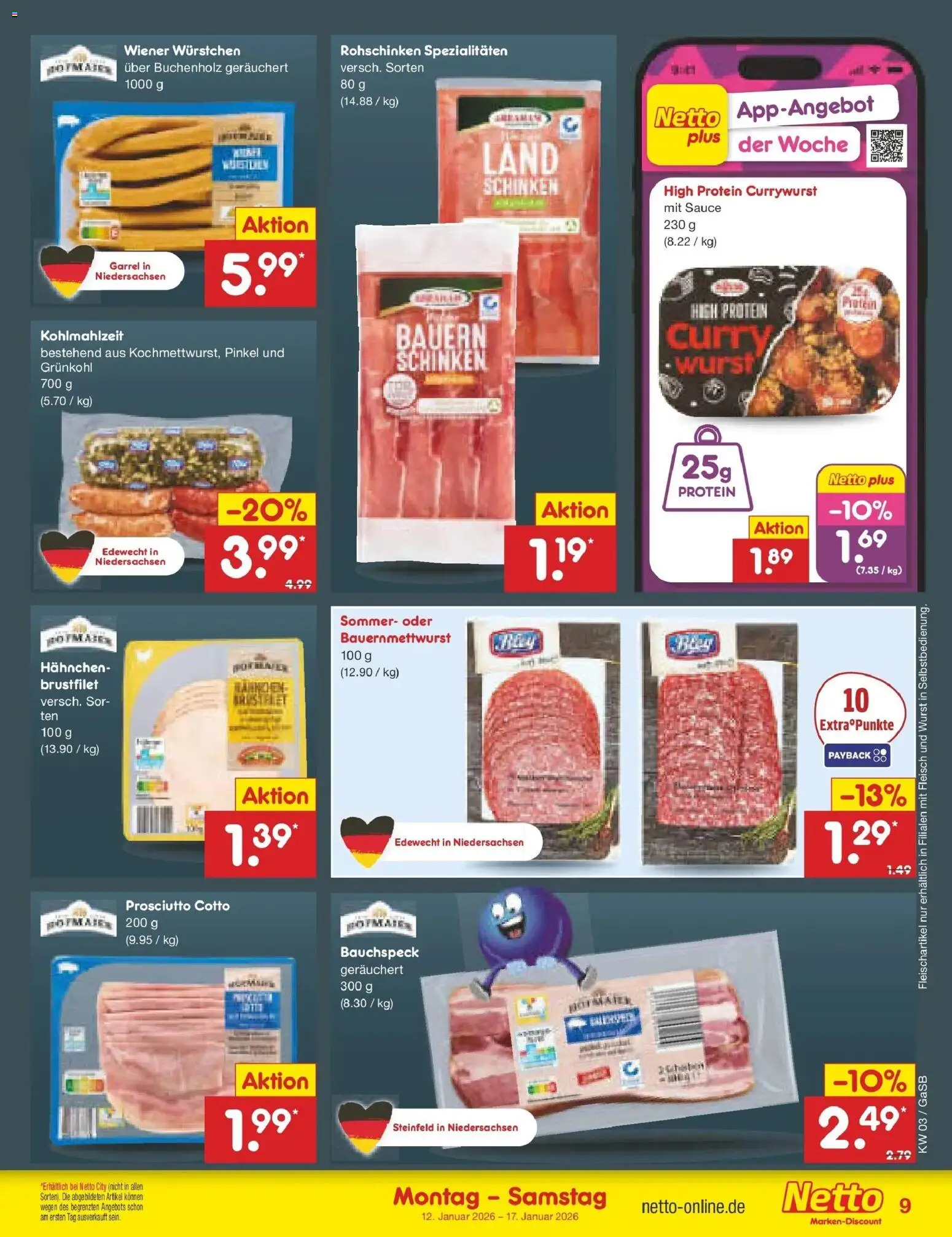 Netto Marken-Discount prospekt Bremen-Lesum	 – gültig ab 12.01.2026 | Seite: 9 | Produkte: Hahnchen, Wurst, Schinken, Fleisch