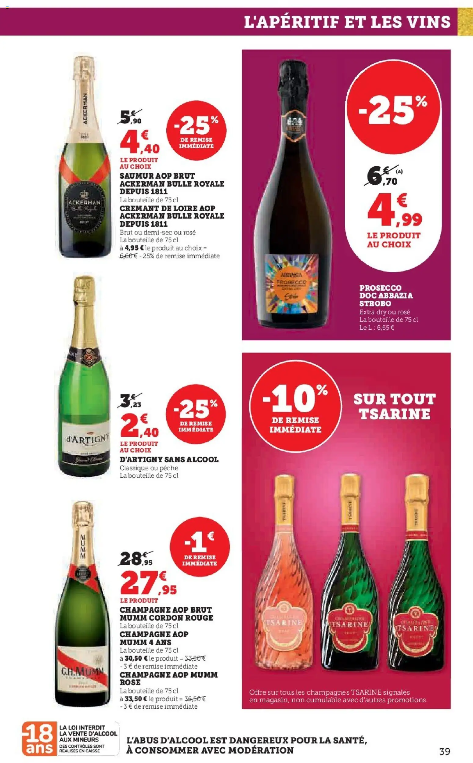 {H1} | Page: 39 | Produits: Pêche, D'Artigny sans alcool, Crémant, Prosecco