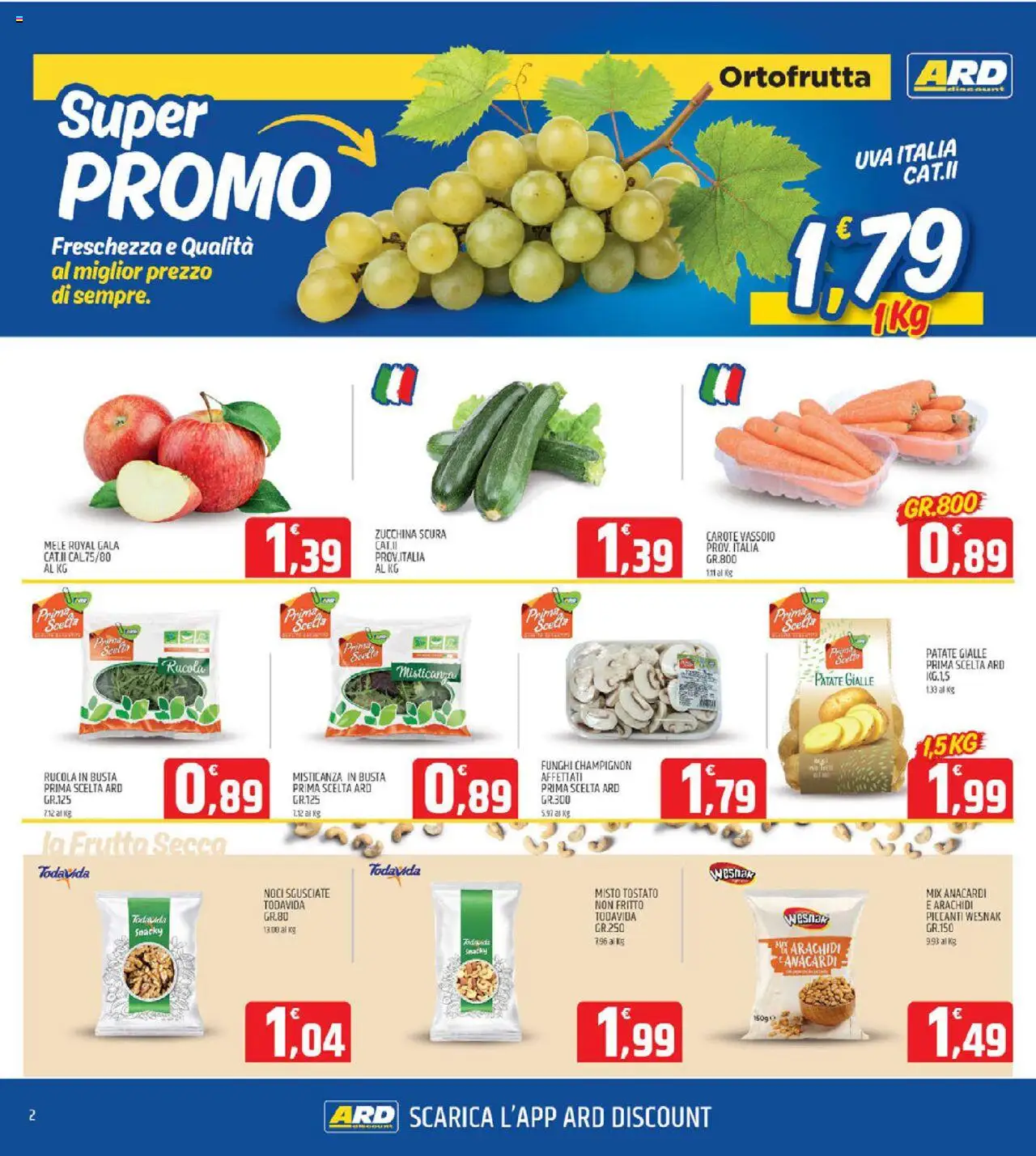 Volantino ARD Discount del 28.08.2025 | Pagina: 2 | Prodotti: Misticanza, Mele, Patate, Uva