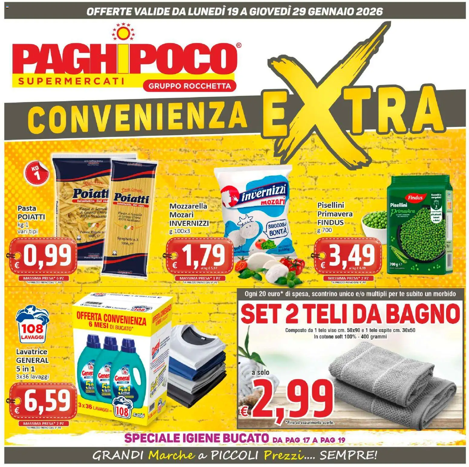 Volantino Paghi Poco del 19.01.2026 | Pagina: 1 | Prodotti: Tè, Pasta, Presa, Bagno