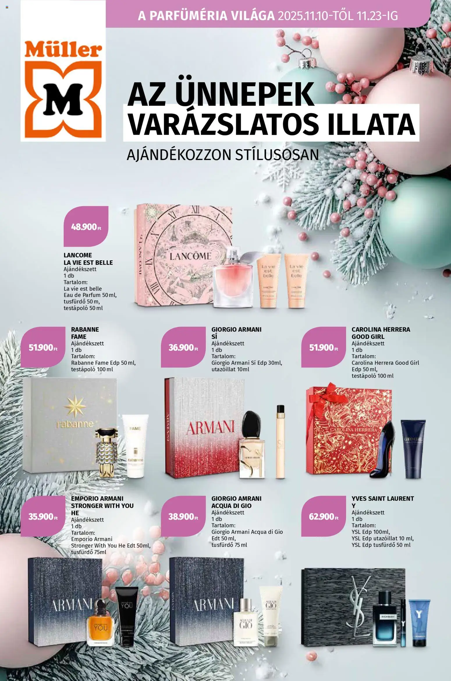 Müller akciós ujság - amely érvényes a következő dátumtól: 10.11.2025 | Oldal: 1 | Termékek: Parfüm, Testápoló, Tusfürdő