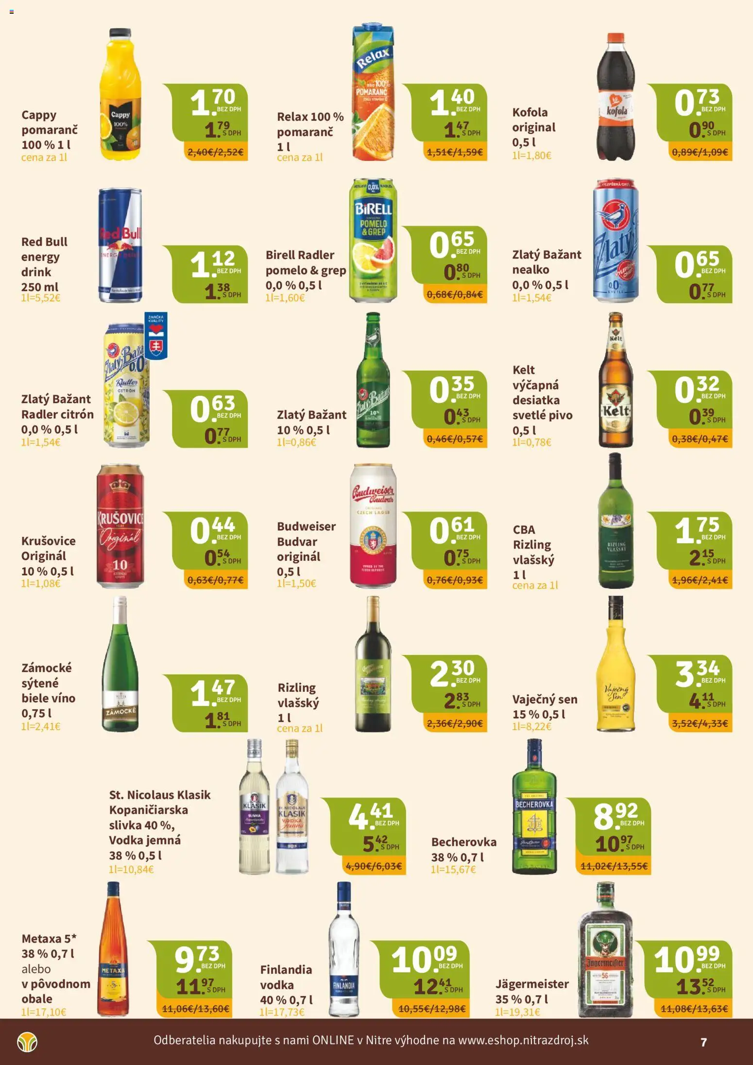 Nové Nitrazdroj akcie – leták je platný od 01.04.2026 | Strana: 7 | Produkty: Red Bull, Budvar, Zlatý Bažant, Pomelo