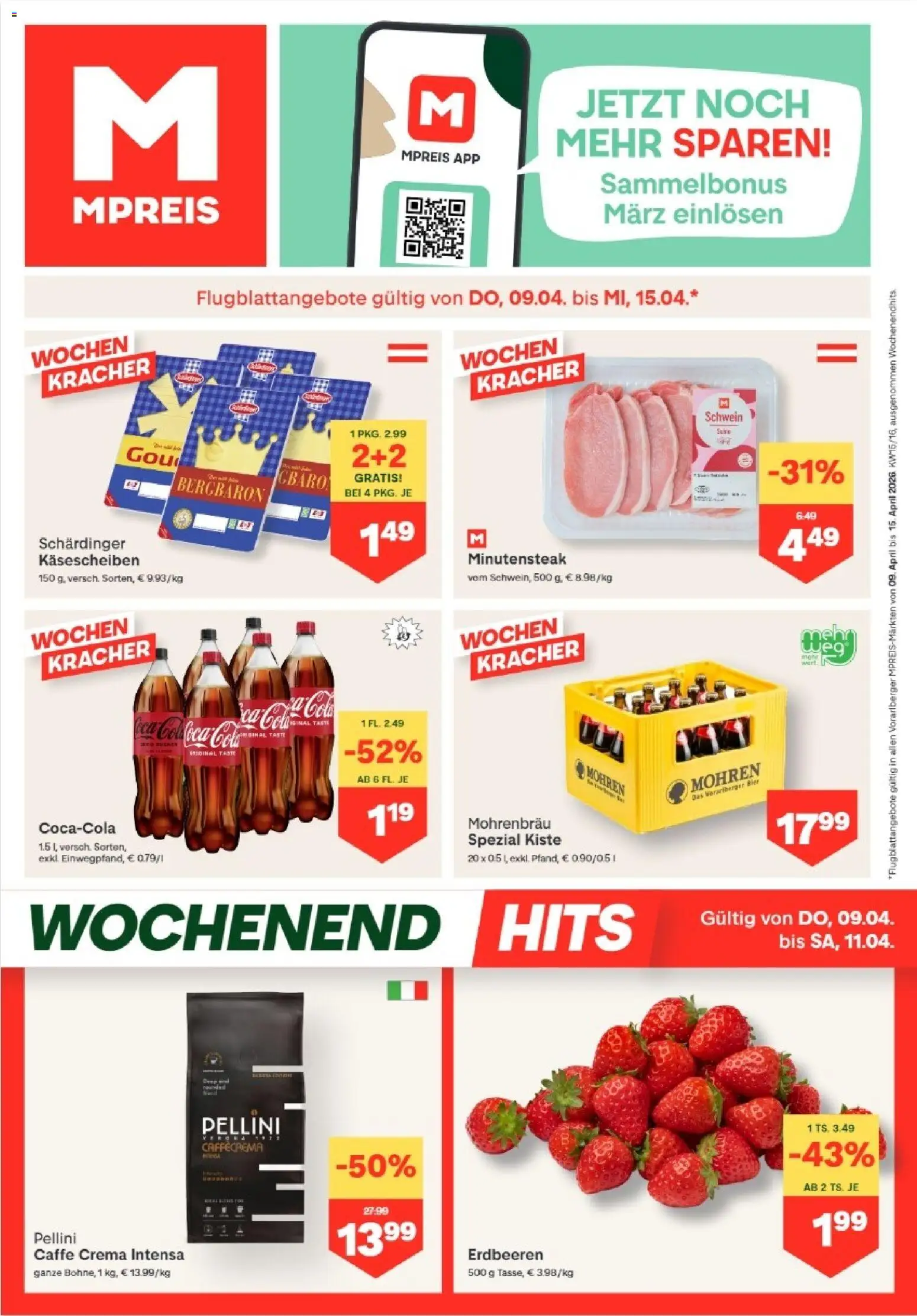 MPREIS Hohenems gültig ab 09.04.2026 | Seite: 1 | Produkte: Erdbeeren, Bier