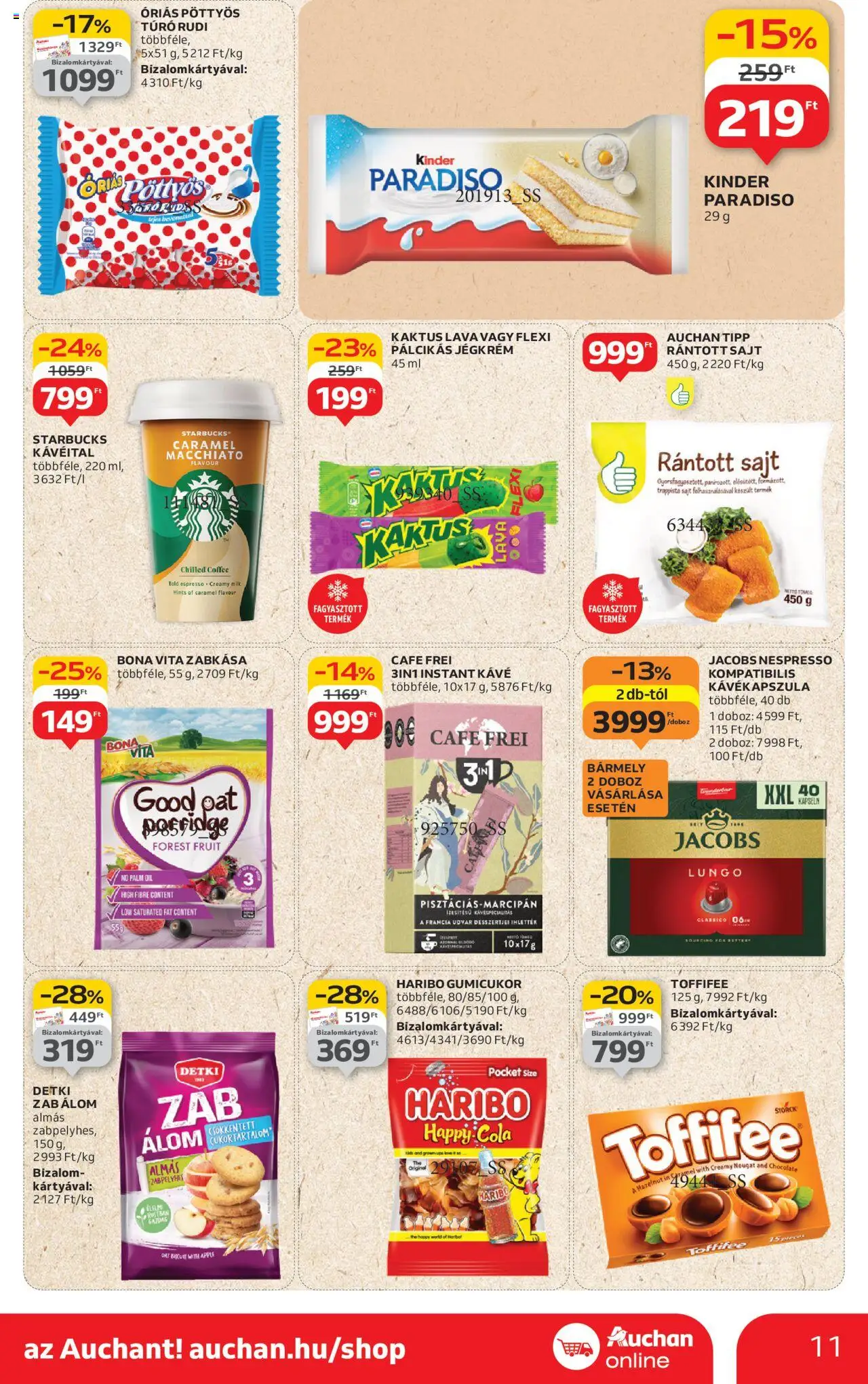 Auchan akciós ujság - amely érvényes a következő dátumtól: 14.08.2025 | Oldal: 11 | Termékek: Sajt, Jégkrém, Trappista sajt, Instant kávé
