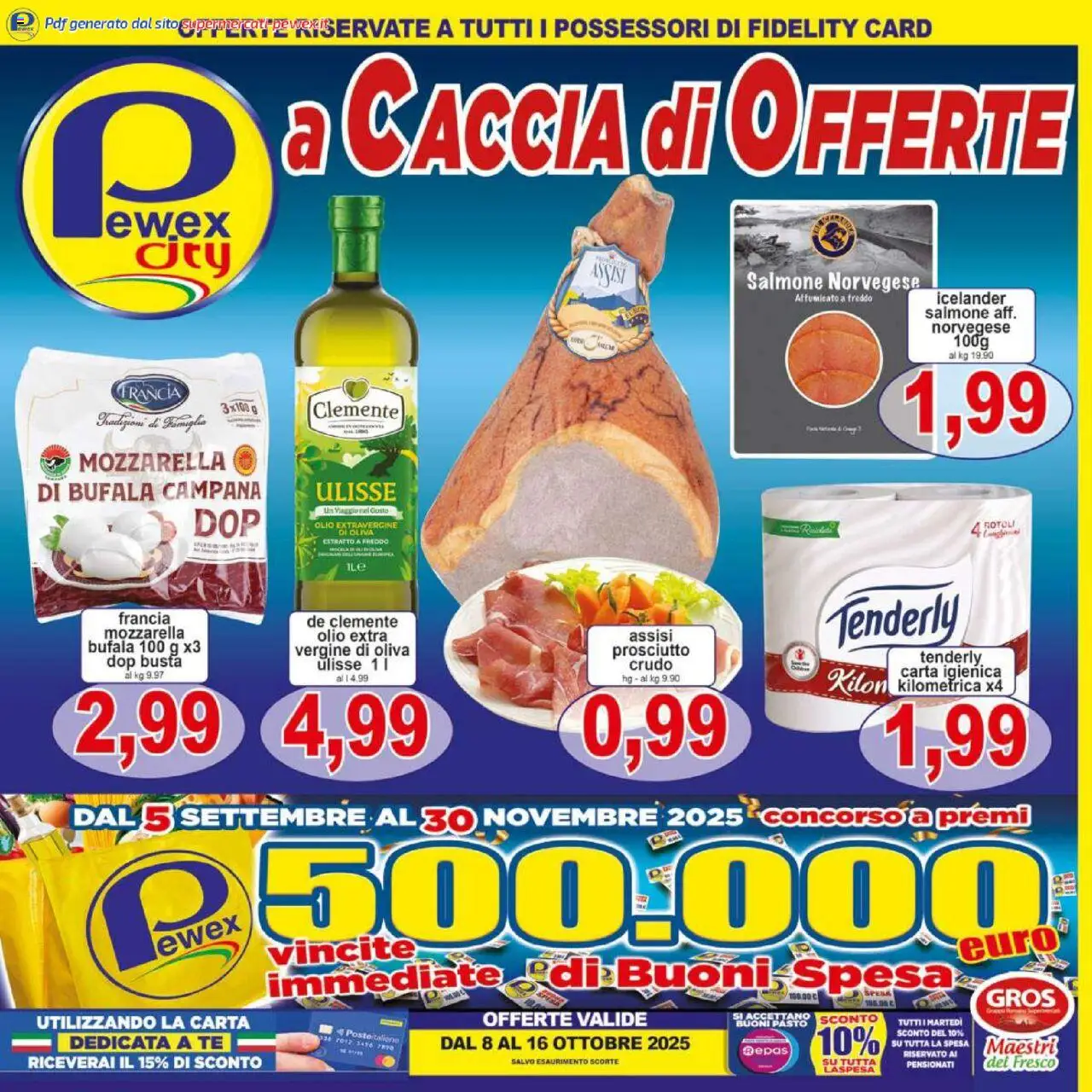 Volantino Pewex del 08.10.2025 | Pagina: 1 | Prodotti: Carta igienica, Salmone, Mozzarella, Prosciutto