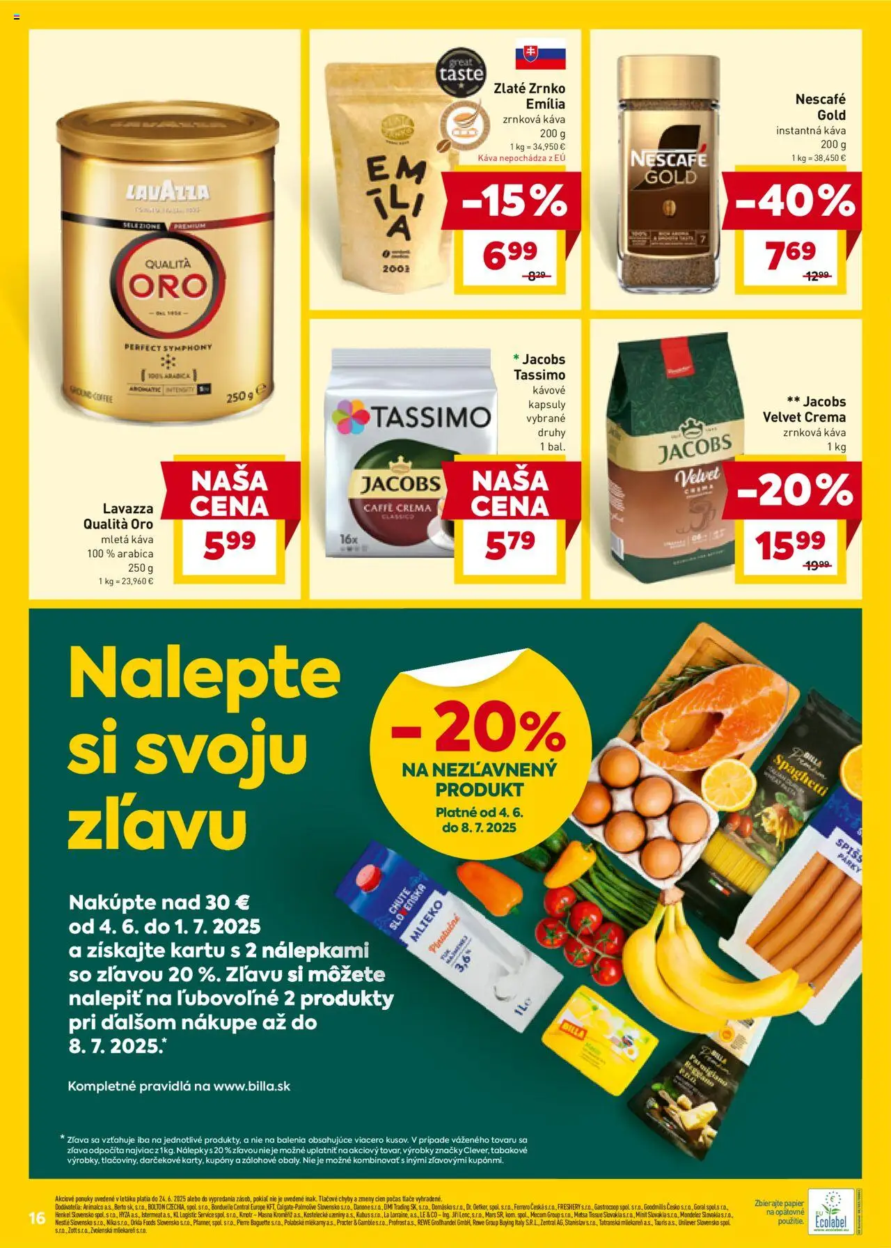 Billa leták │ platný od 18.06.2025 | Strana: 16 | Produkty: Jacobs Velvet, Mlieko, Káva, Lavazza