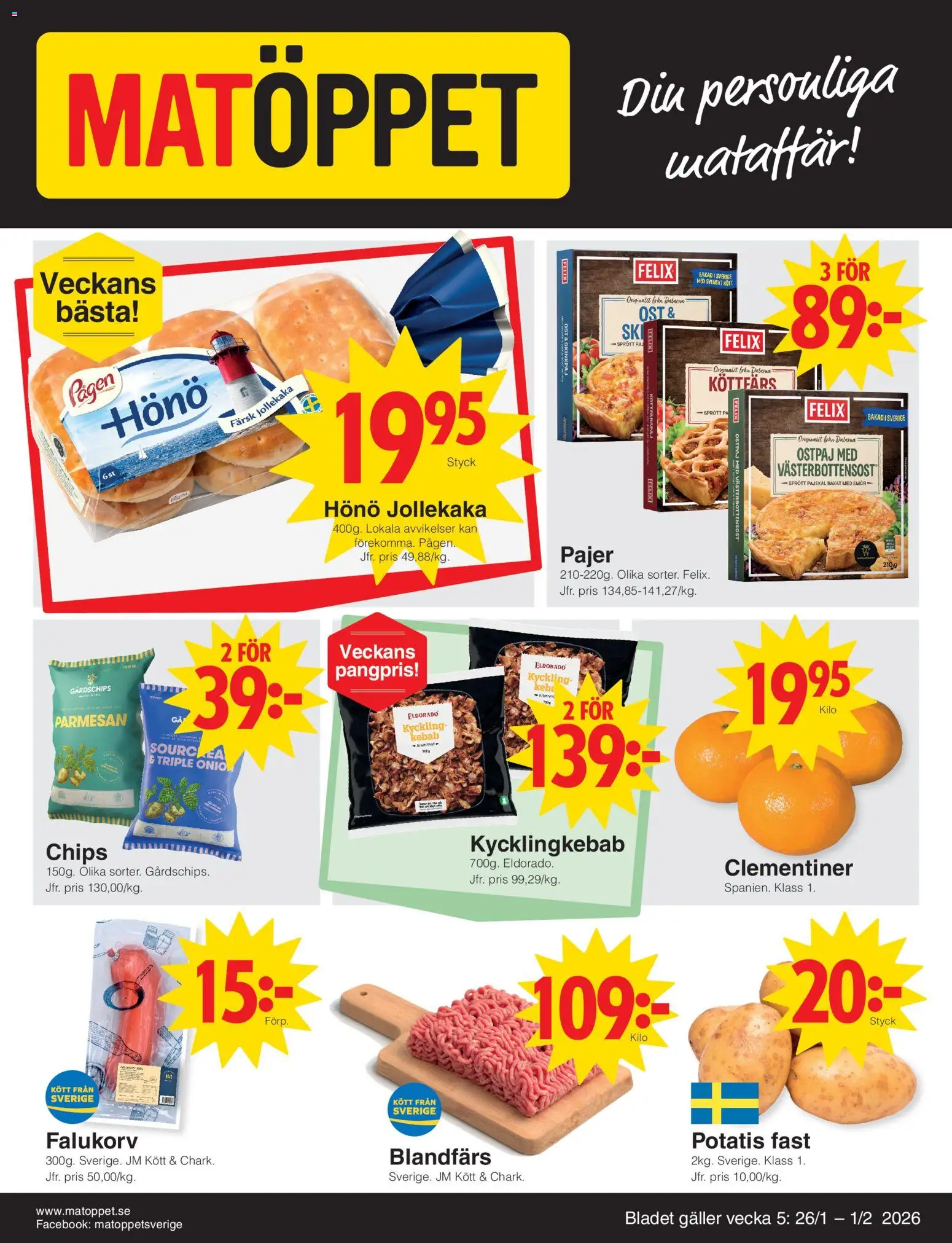 Matöppet reklamblad aktuell från 26.01.2026 | Sida: 1 | Produkter: Falukorv, Smör, Ost, Potatis