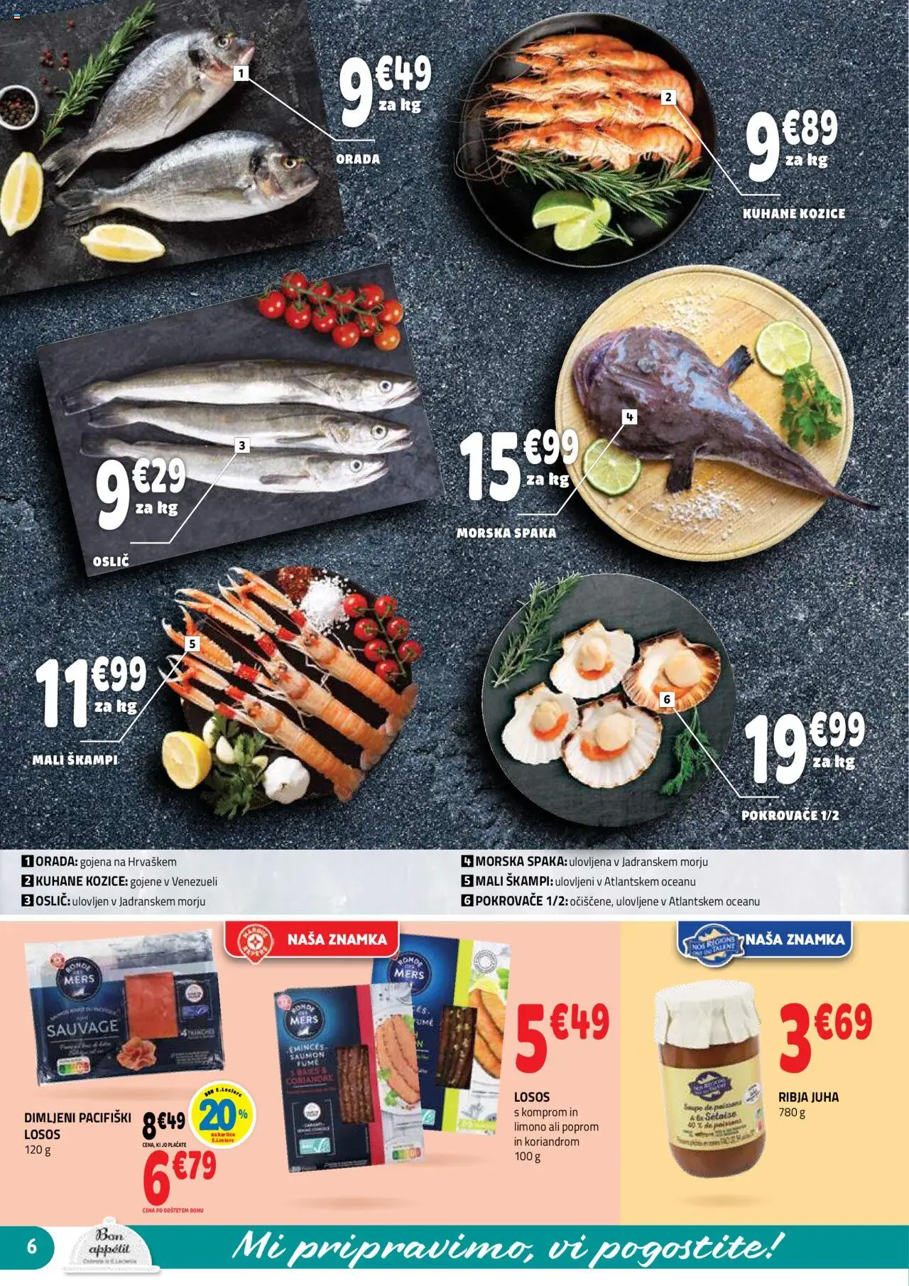 Novi E.leclerc katalog ponudbe – veljaven od 22.10.2025 | Stran: 6 | Izdelki: Oslič, Kozice, Juha, Orada