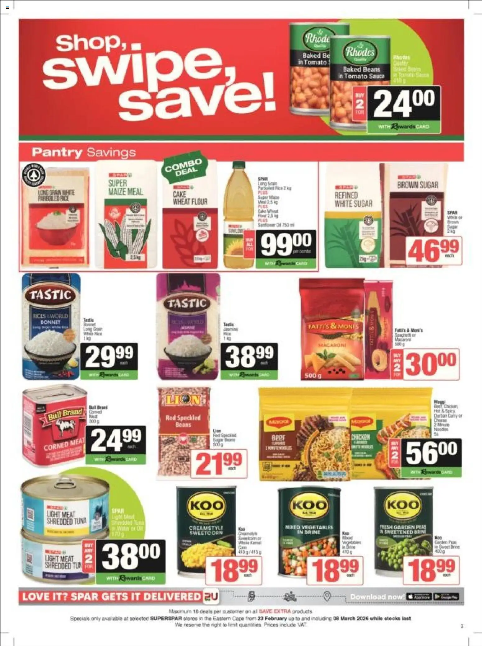 New Superspar catalogue – valid from 23.02.2026 | Page: 2 | Products: Corned meat, Baked beans, Maize meal, Tomato sauce