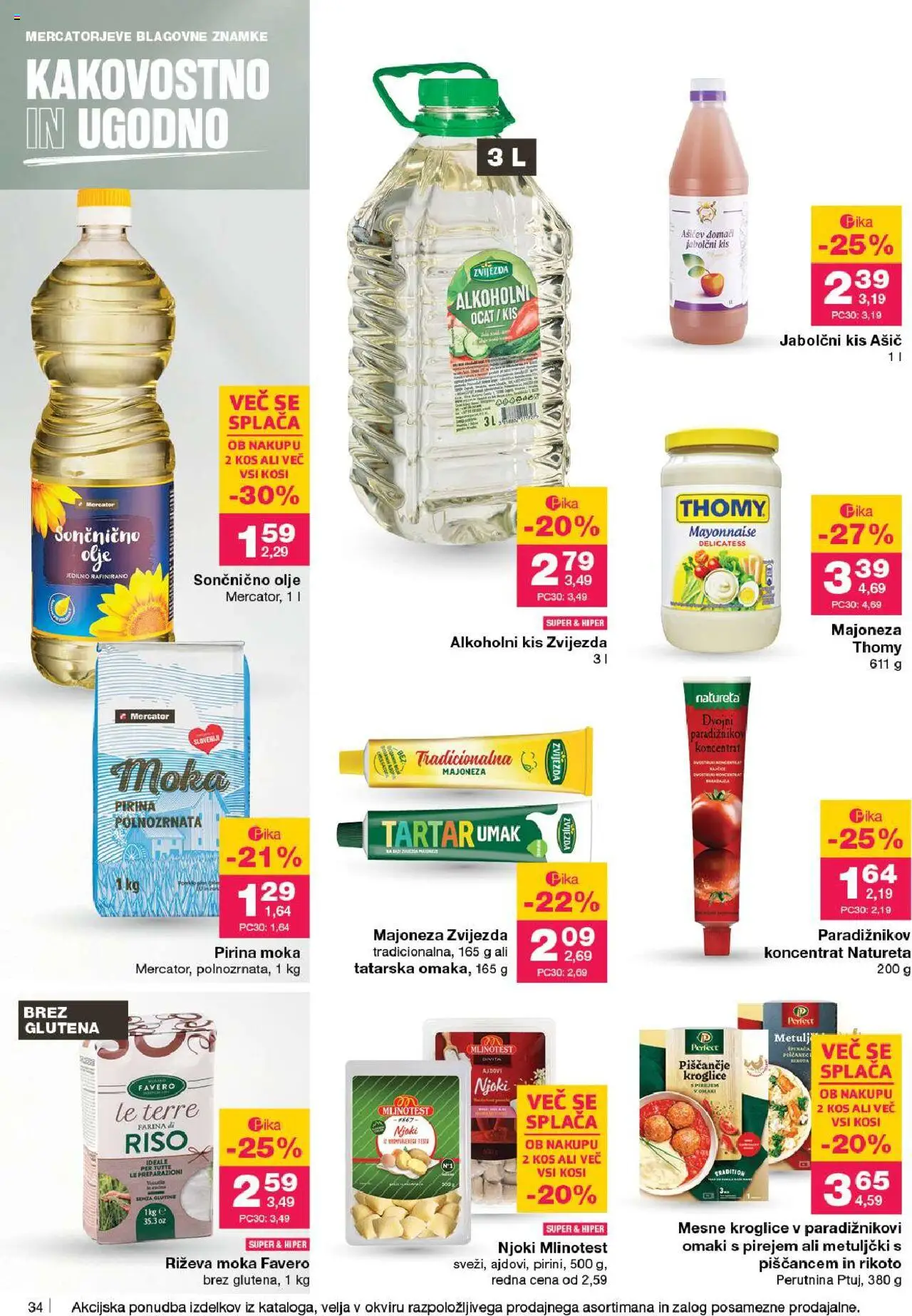Novi Mercator katalog ponudbe – veljaven od 18.09.2025 | Stran: 34 | Izdelki: Moka, Jabolčni kis, Njoki, Majoneza