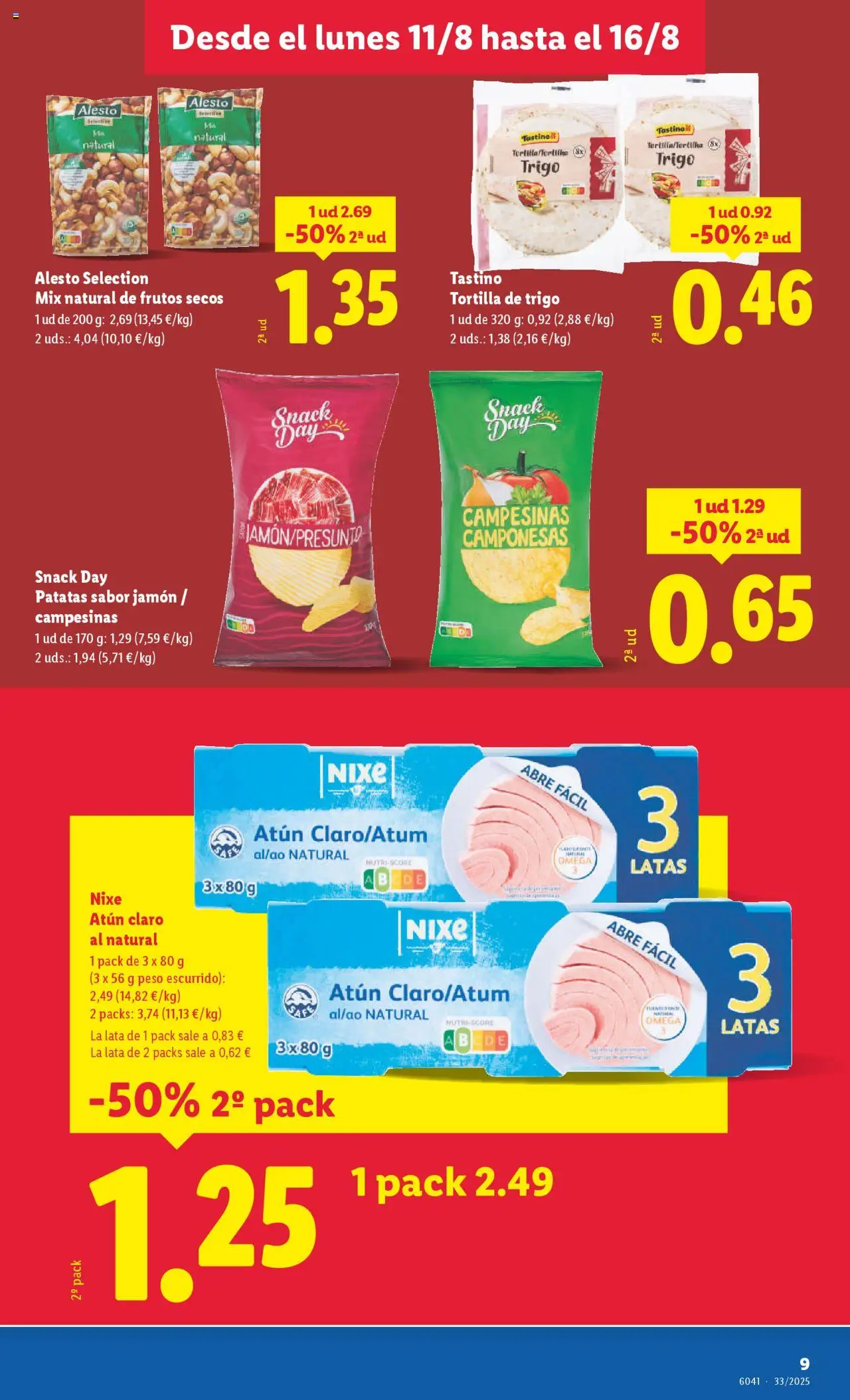 Lidl folleto │ válido desde el 11.08.2025 | Página: 9 | Productos: Jamón, Frutos secos, Peso, Atún claro