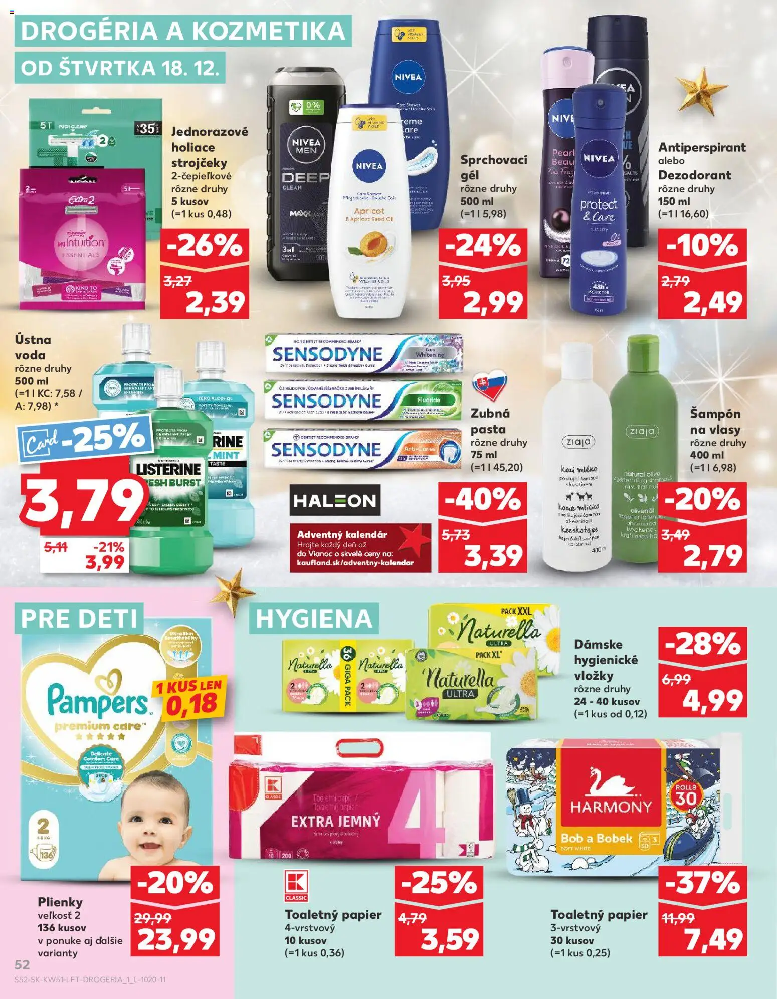 Nové Kaufland akcie – leták je platný od 18.12.2025 | Strana: 52 | Produkty: Toaletný papier, Ústna voda, Fatra, Pampers