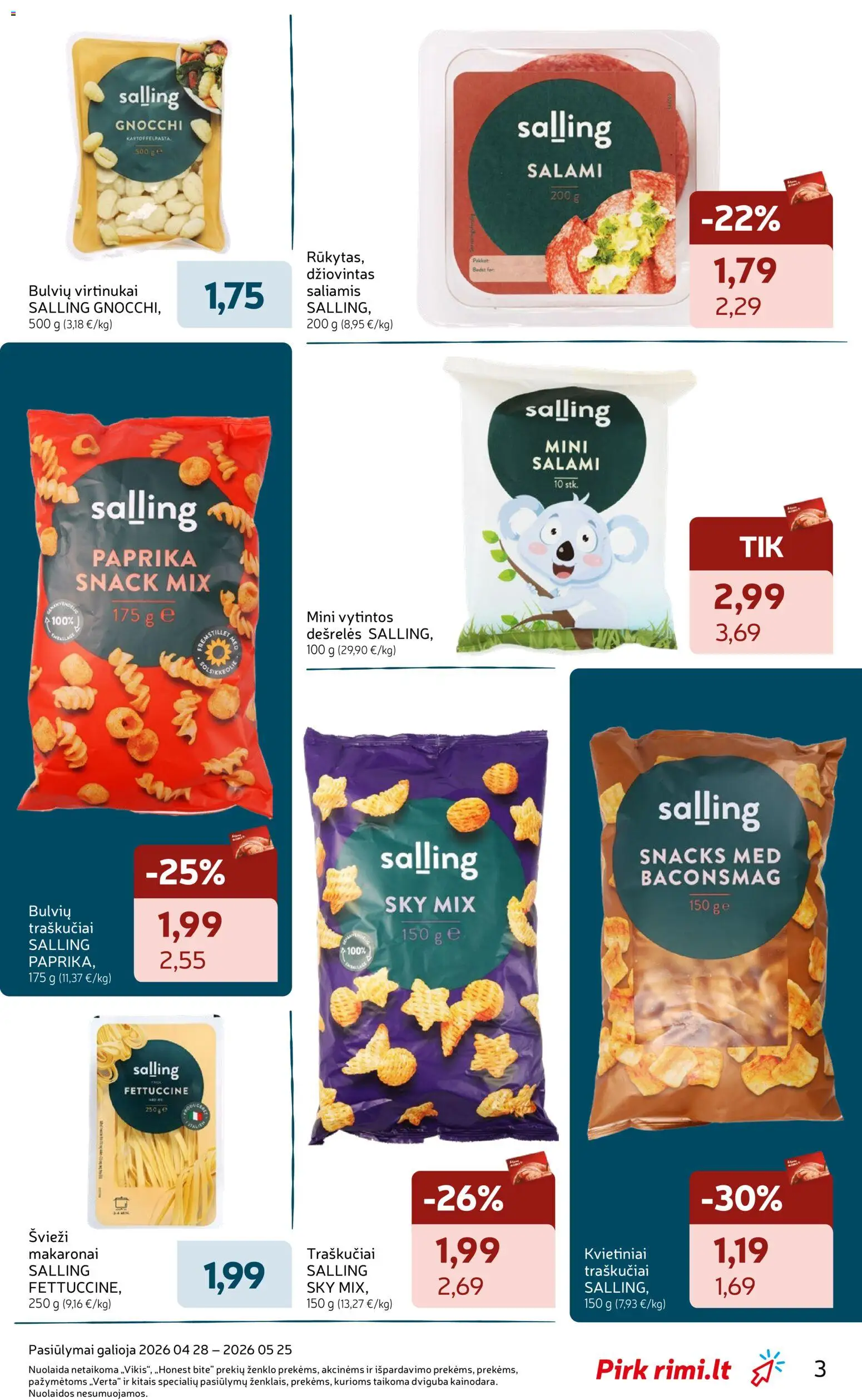 Rimi akcijos nuo 28.04.2026 | Puslapis: 3 | Prekių: Pyragas, Sultys, Makaronai, Traškučiai