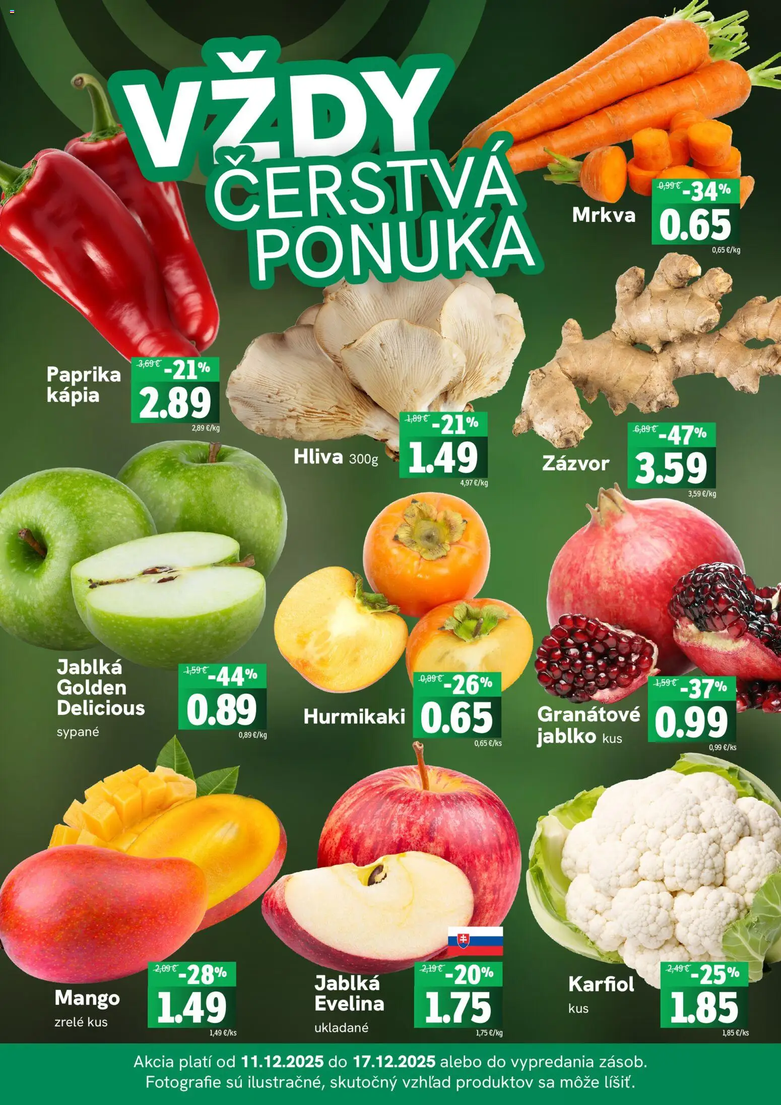 Nové Fresh akcie – leták je platný od 11.12.2025 | Strana: 3 | Produkty: Zázvor, Karfiol, Mrkva, Mango