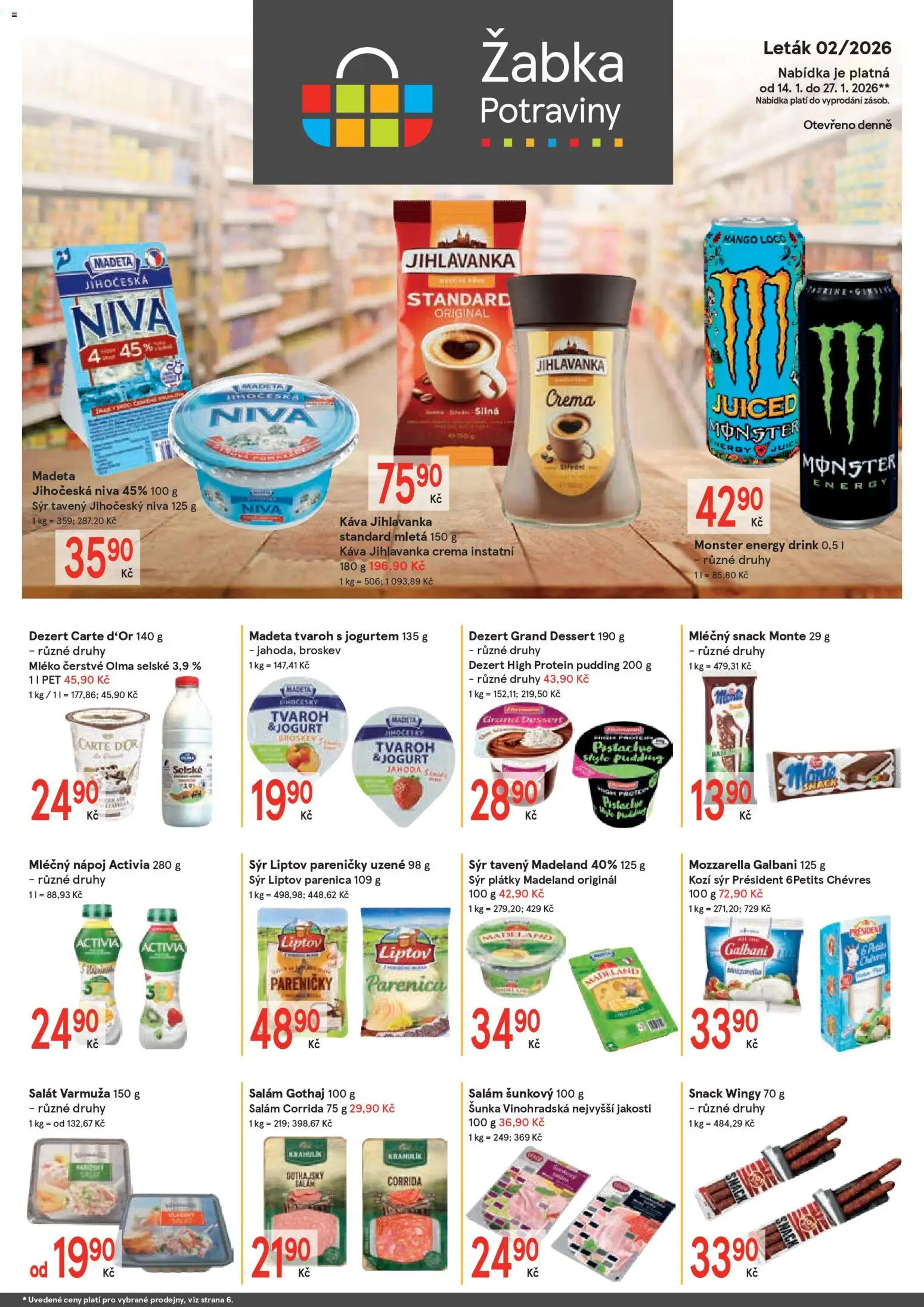 Žabka leták od 14.01.2026 | Strana: 1 | Produkty: Monster, Kozí sýr, Protein, Energy drink