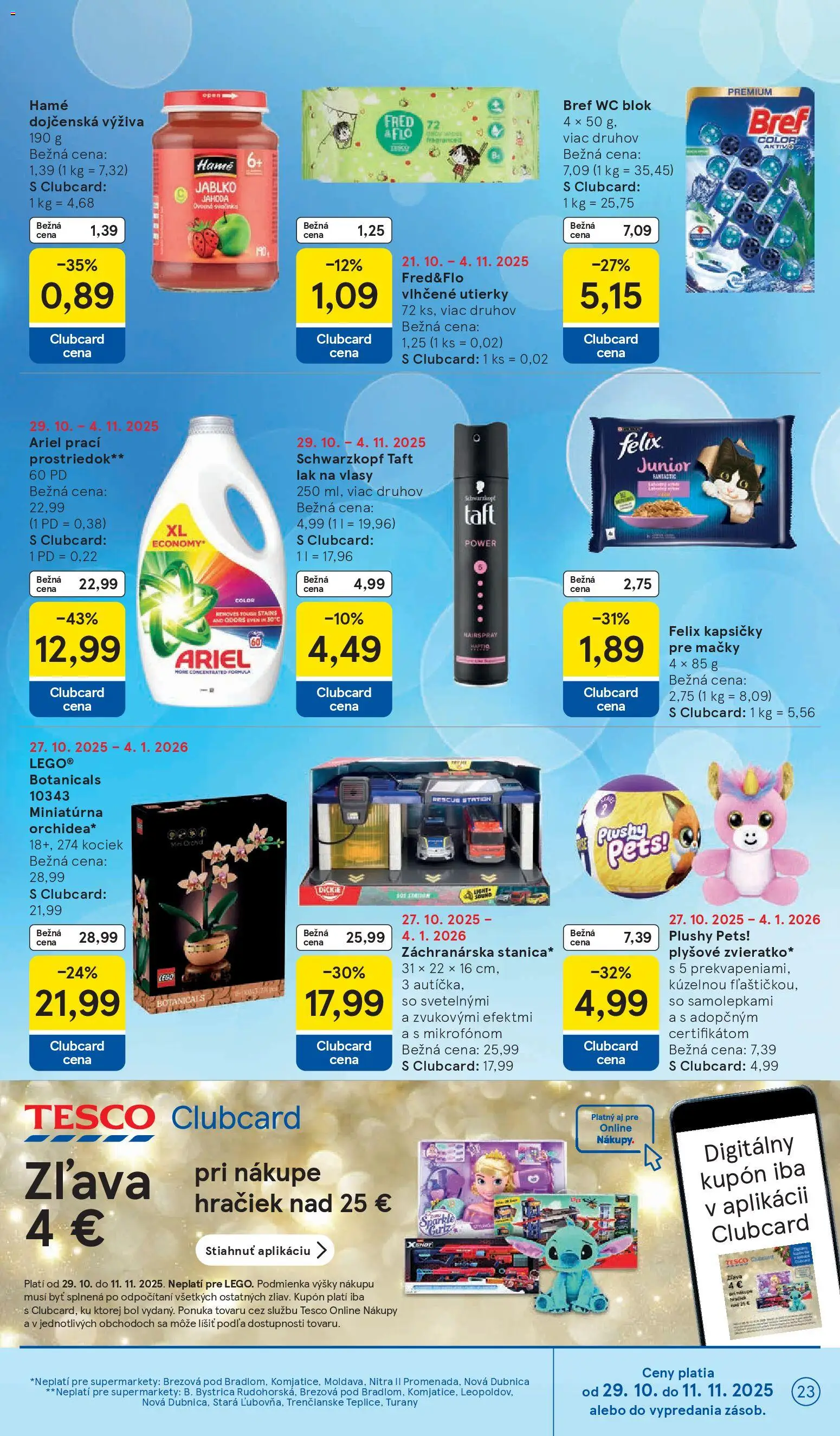 Nové Tesco akcie – leták je platný od 29.10.2025 | Strana: 23 | Produkty: Lak na vlasy, Wc blok, Ariel, Orchidea