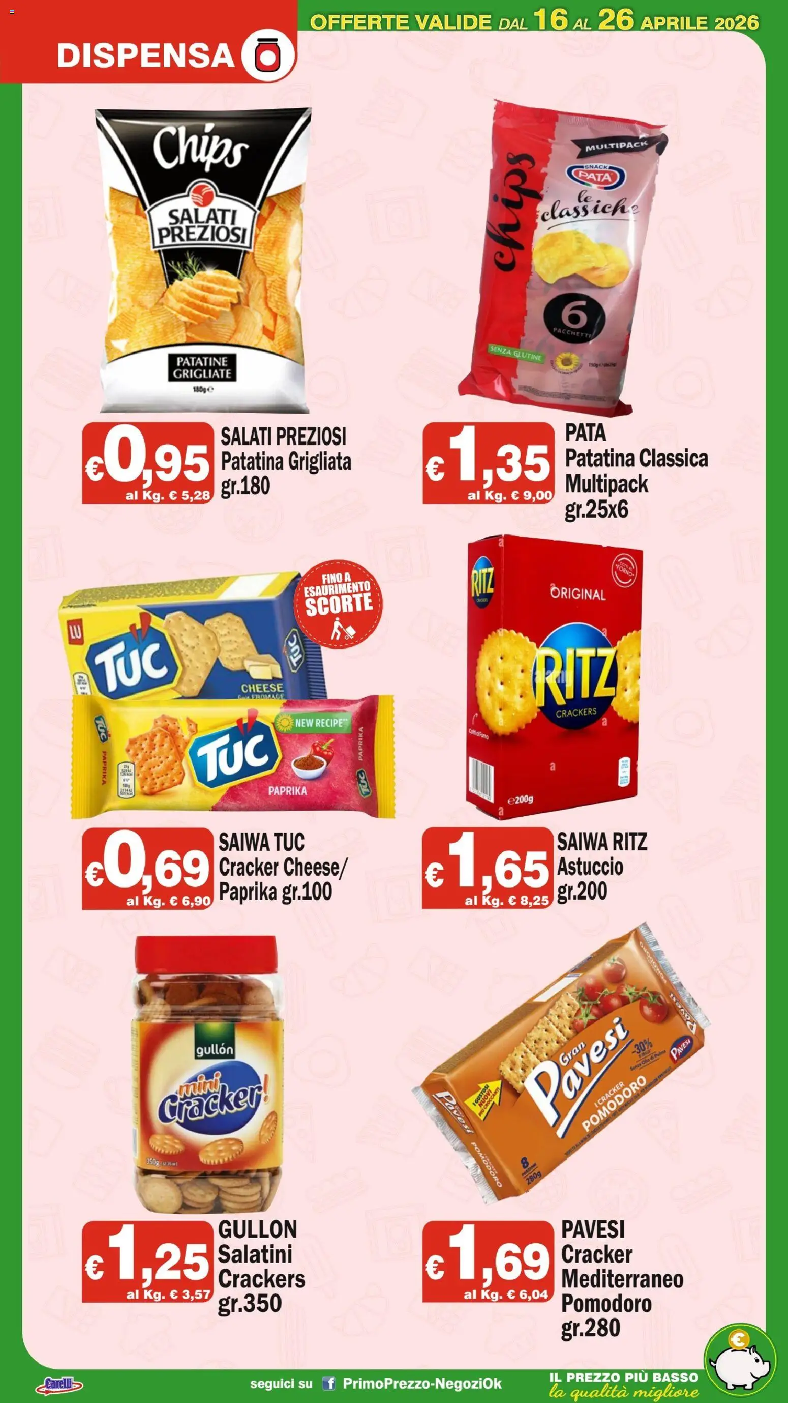 Volantino Primo Prezzo del 16.04.2026 | Pagina: 13 | Prodotti: Salatini, Patatine, Pomodoro, Crackers