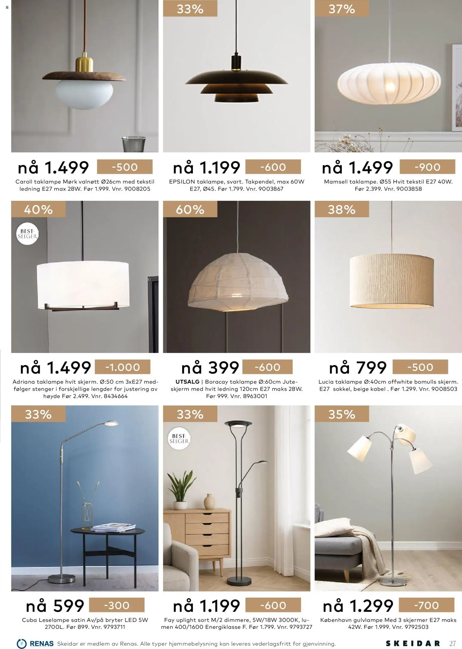 {H1} | Side: 27 | Produkter: Taklampe, Ledning, Skjerm
