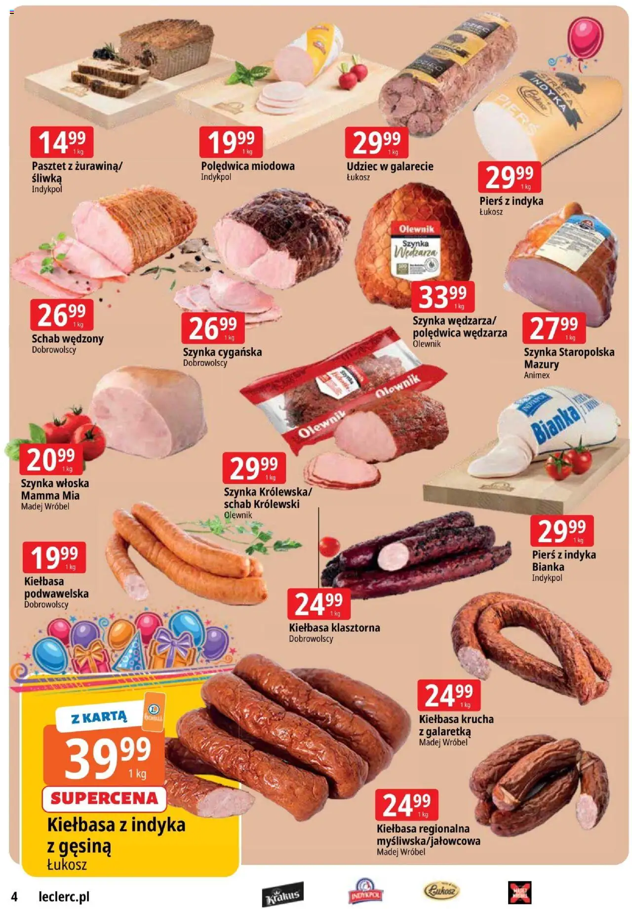 E.Leclerc Gazetka - Zielona Góra od 07.10.2025 | Strona: 4 | Produkty: Kiełbasa, Karta, Schab, Szynka