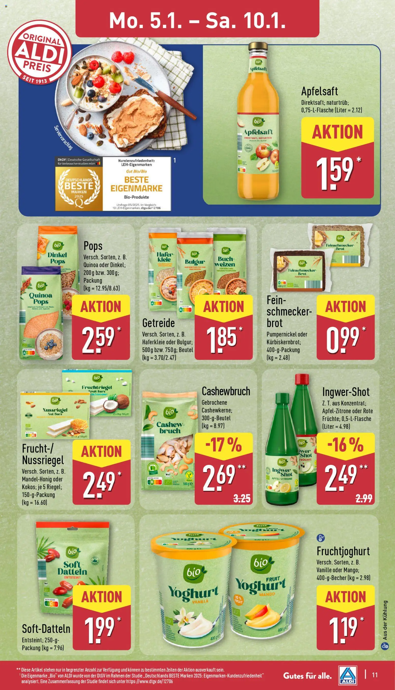 Aldi Prospekt 	 – gültig ab 05.01.2026 | Seite: 11 | Produkte: Apfelsaft, Zitrone, Mango, Getreide