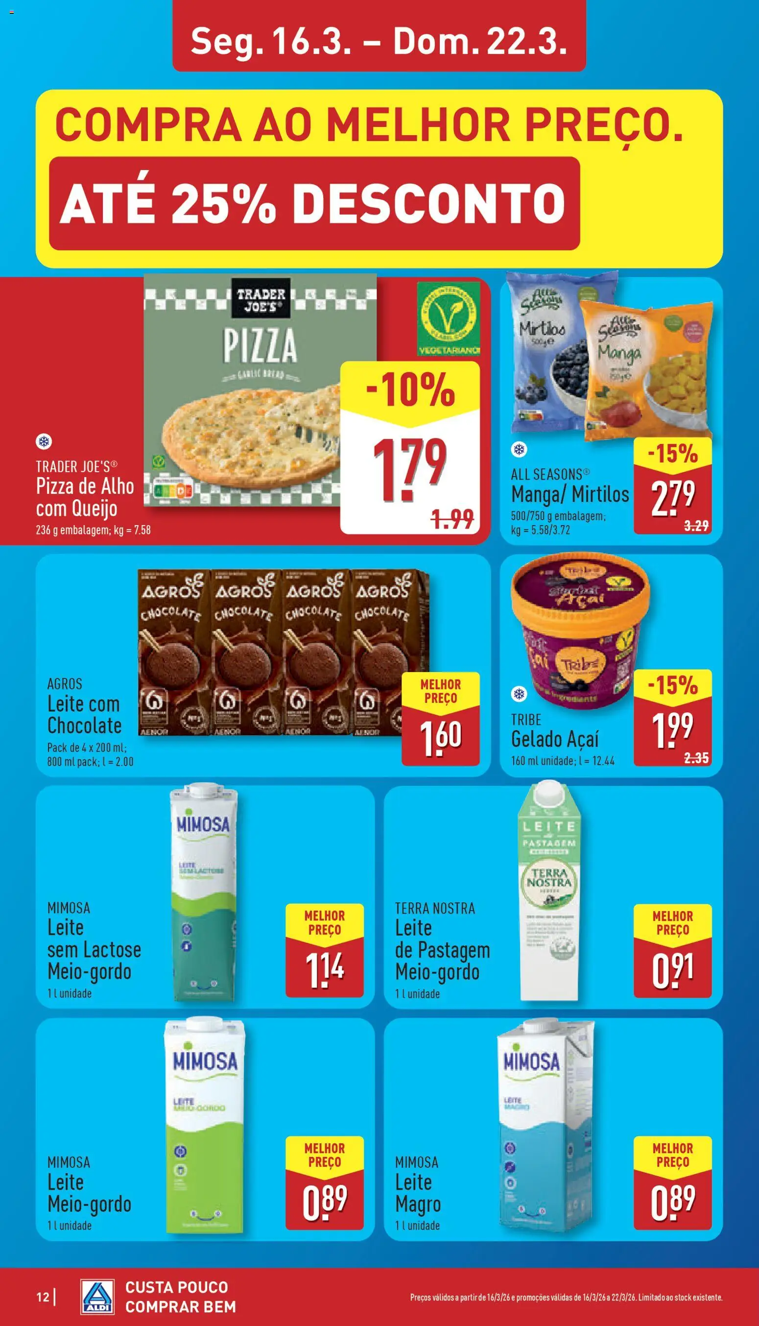 Aldi folheto │ válido de 16.03.2026 | Página: 12 | Produtos: Açai, Leite, Chocolate, Pizza