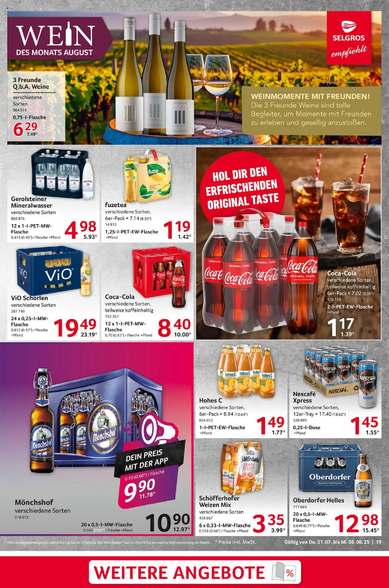 Selgros Prospekt 	 - gültig ab dem 31.07.2025 | Seite: 19 | Produkte: Monchshof, Nescafe, Wein, Gerolsteiner